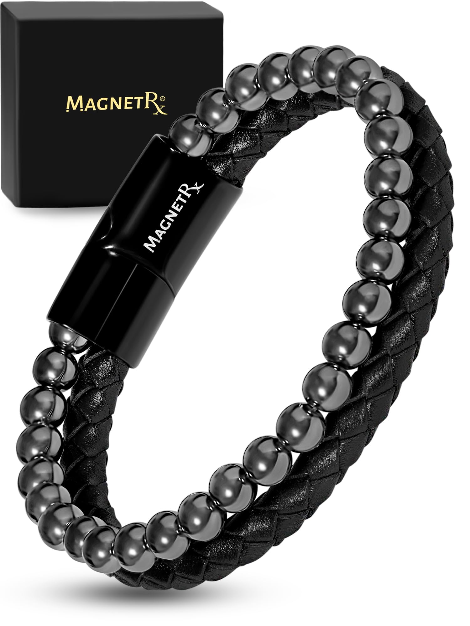 MagnetRX® Hematite & Leather Bracelet – Max Strength Magnetic Stone Beaded Bracelets for Men (Large)