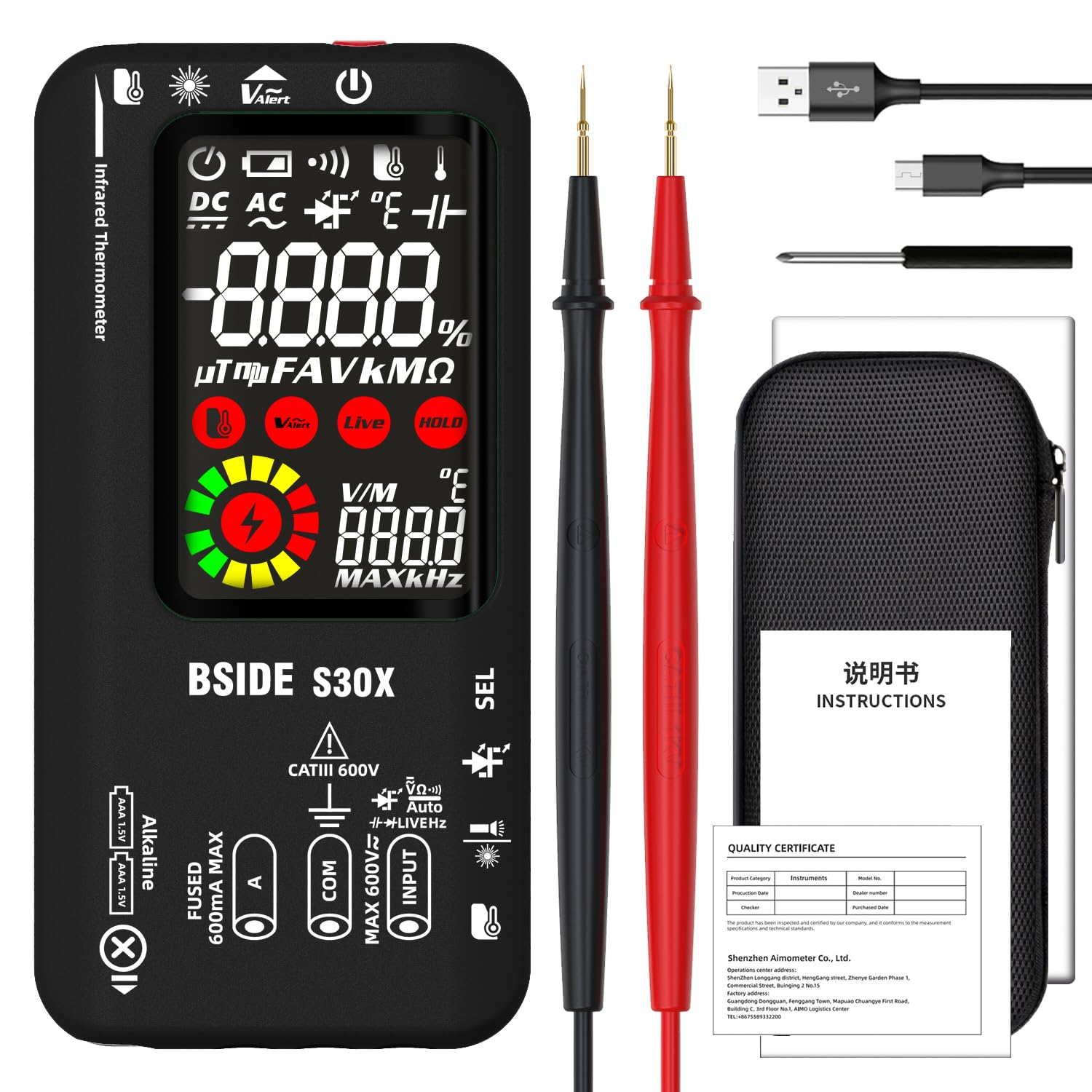 BSIDE S30X Multimetro Digitale Automatico con Termometro IR 12:1 Tester Diodi Alta Tensione LCD Colori 9999 Conteggi Voltmetro Ampemetro Capacimetro Ricaricabile per HVAC LED Automotive Electronic