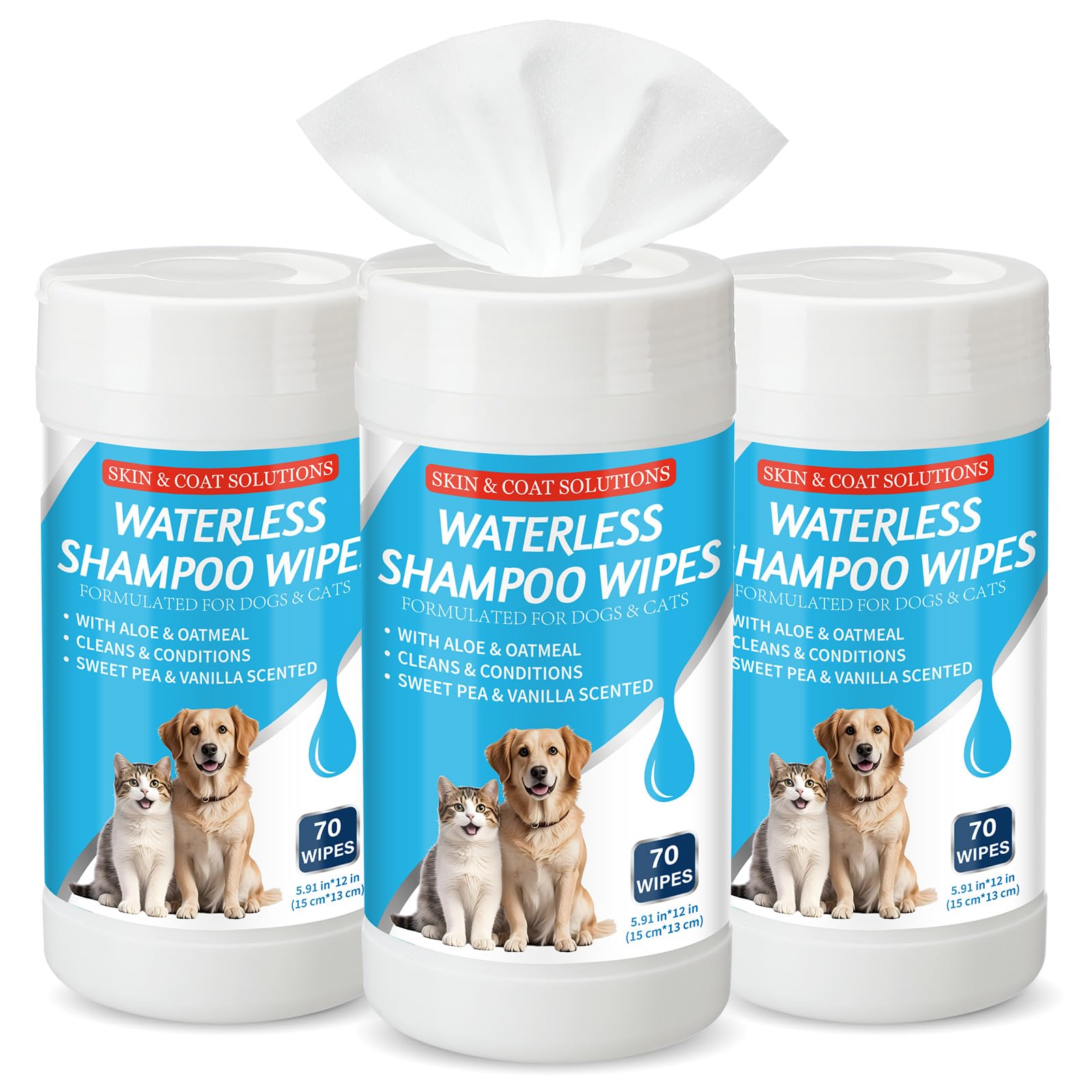 Threlaco 3 Pcs 210 Count Waterless Shampoo Wipes for Dogs Cats 5.91 x 5.12 Inches Dry Pet Bath Cleaning Wipes Safe Disposable for Puppy Cat Cleaning