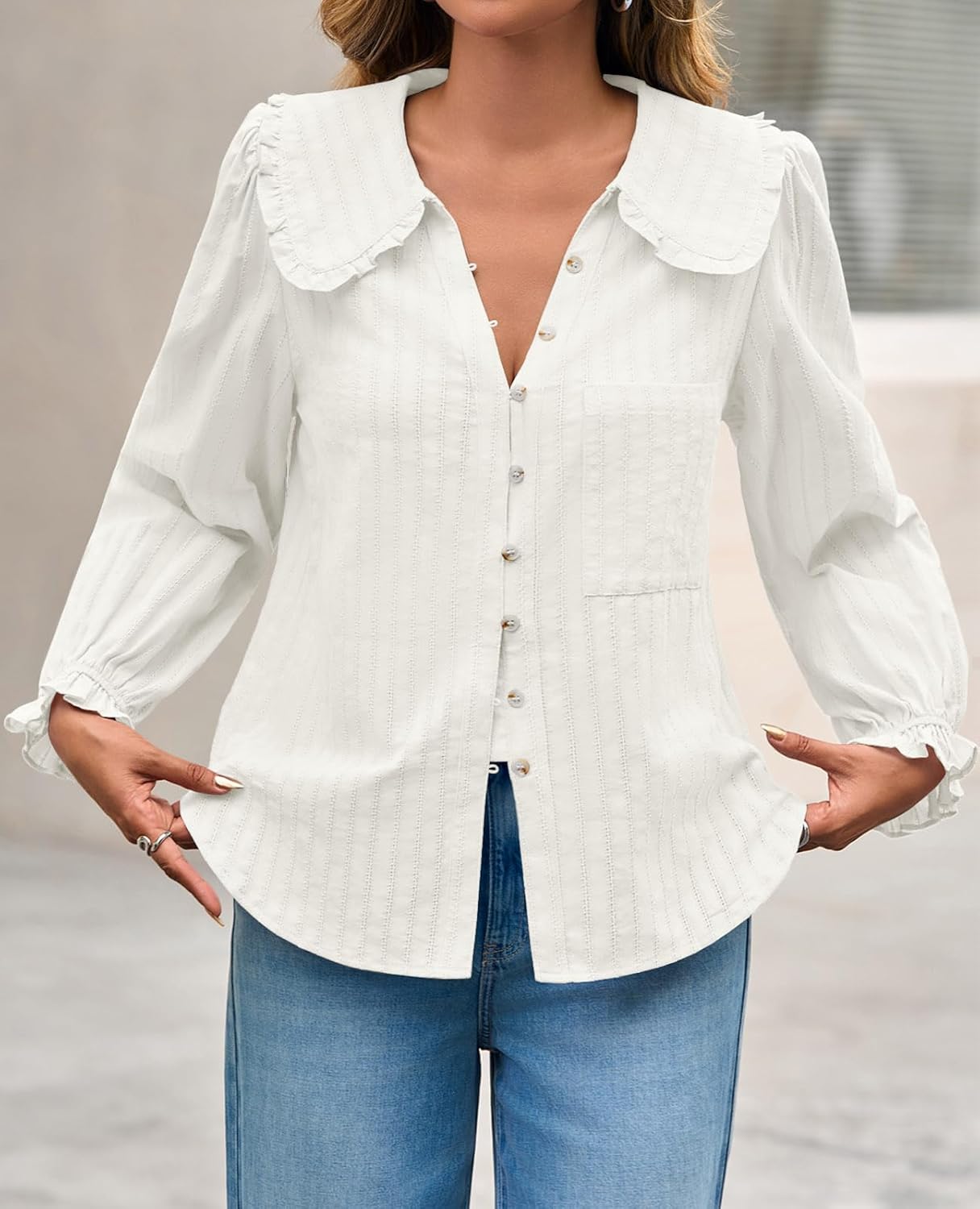 Tankaneo Womens Peter Pan Collar Shirts Puff Long Sleeve Button Down Cotton Blouse Casual Fall Textured Tops - Image 4