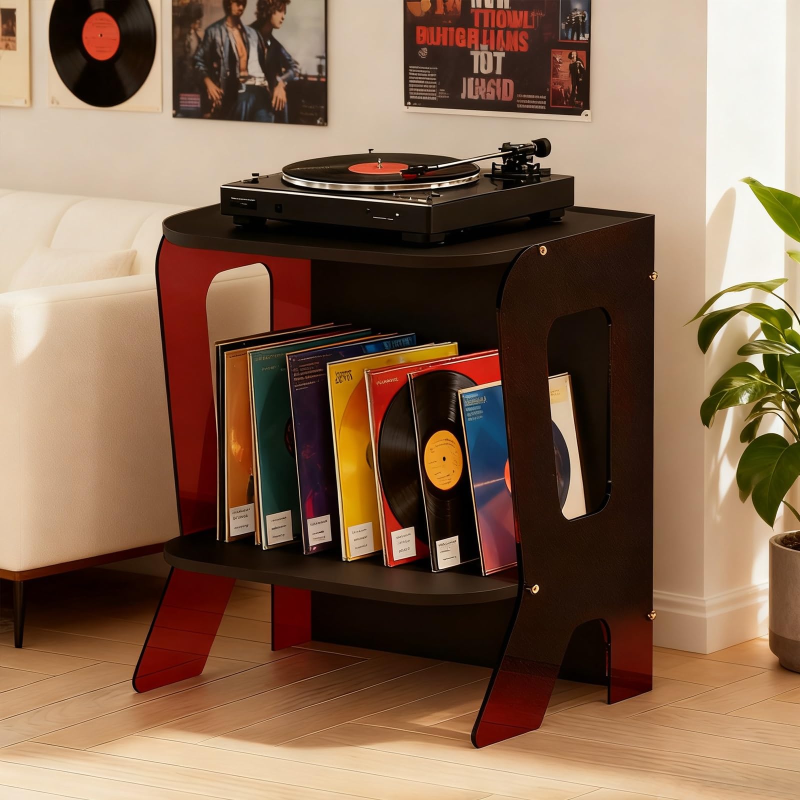 Mobile per Giradischi Porta Vinili Tavolino per Giradischi Capacità 40 Dischi, Mobile Audio Design Multifunzione per Soggiorno, Camera da Letto, Ufficio(Black+Red Tea)