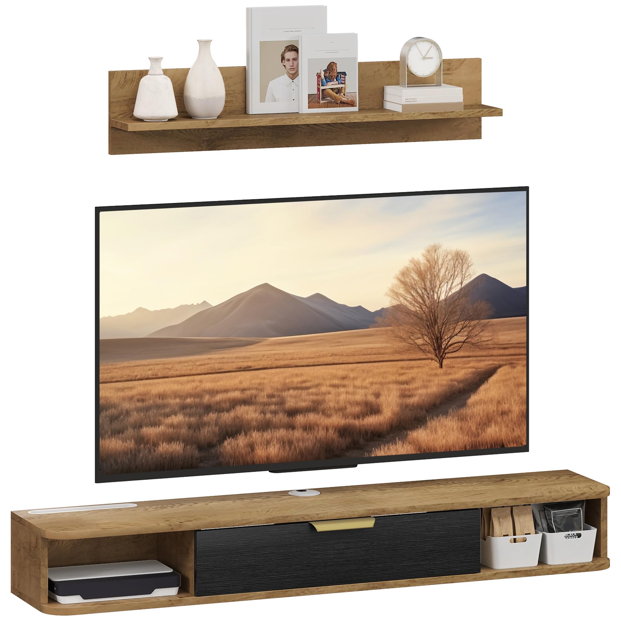 HOMCOM Ensemble de Meubles de Salon, Meuble TV avec étagère Murale, Porte, étagères Ouvertes, Trous pour câbles, pour télévision Murale, 120 x 24 x 16 cm, chêne