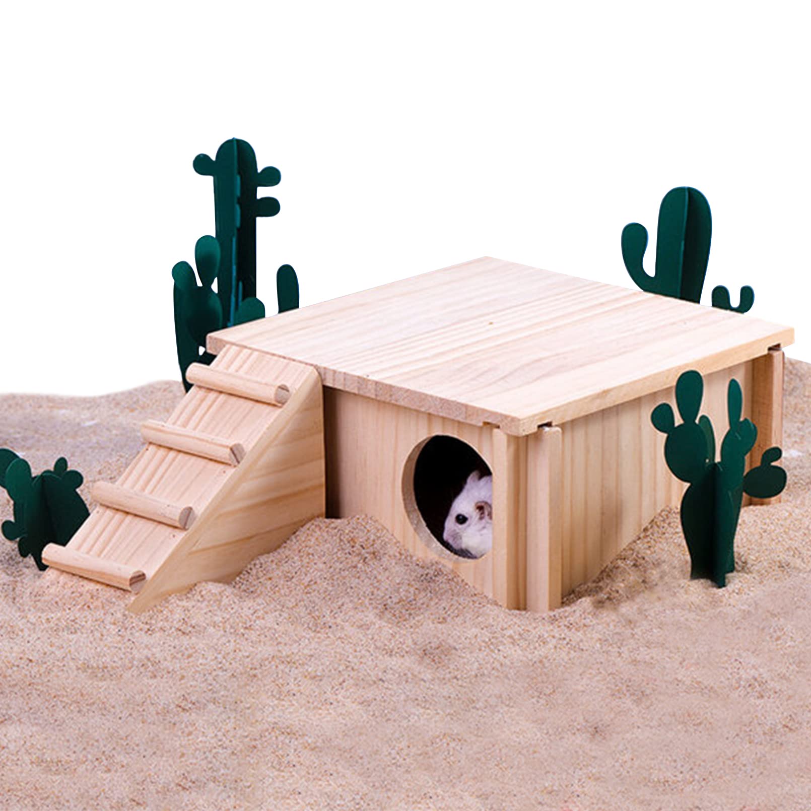 Fhiny Wooden Hamster Hideout for Small Animal, Gerbils Chamber Hut with Ladder Habitats Decor, Maze Climbing Toys for Dwarf Syrian Hamsters Mice and