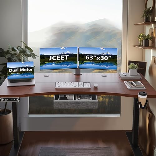 Miniatura 6 de Escritorio eléctrico de doble motor con cajón, escritorio de altura ajustable de 63 x 30 pulgadas con 4 tablas de empalme, escritorio de oficina en