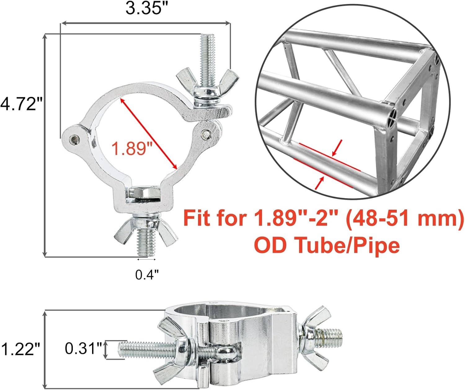 10 pack truss lighting clamps, 2 inch aluminum alloy dj light clamp, 220 lb truss o-clamp for stage lighting par lights spotlight moving head light, silver, fit for 48-51mm od tube/pipe