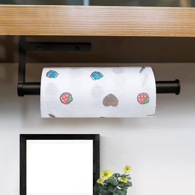 Xinzistar Kitchen Roll Holder Paper Towel Holders, 28.5cm Black Stainless Steel Self Adhesive Wall Mounted Paper Holder Stand Under Cabinet Kitchen Foil Cling Film Dispenser