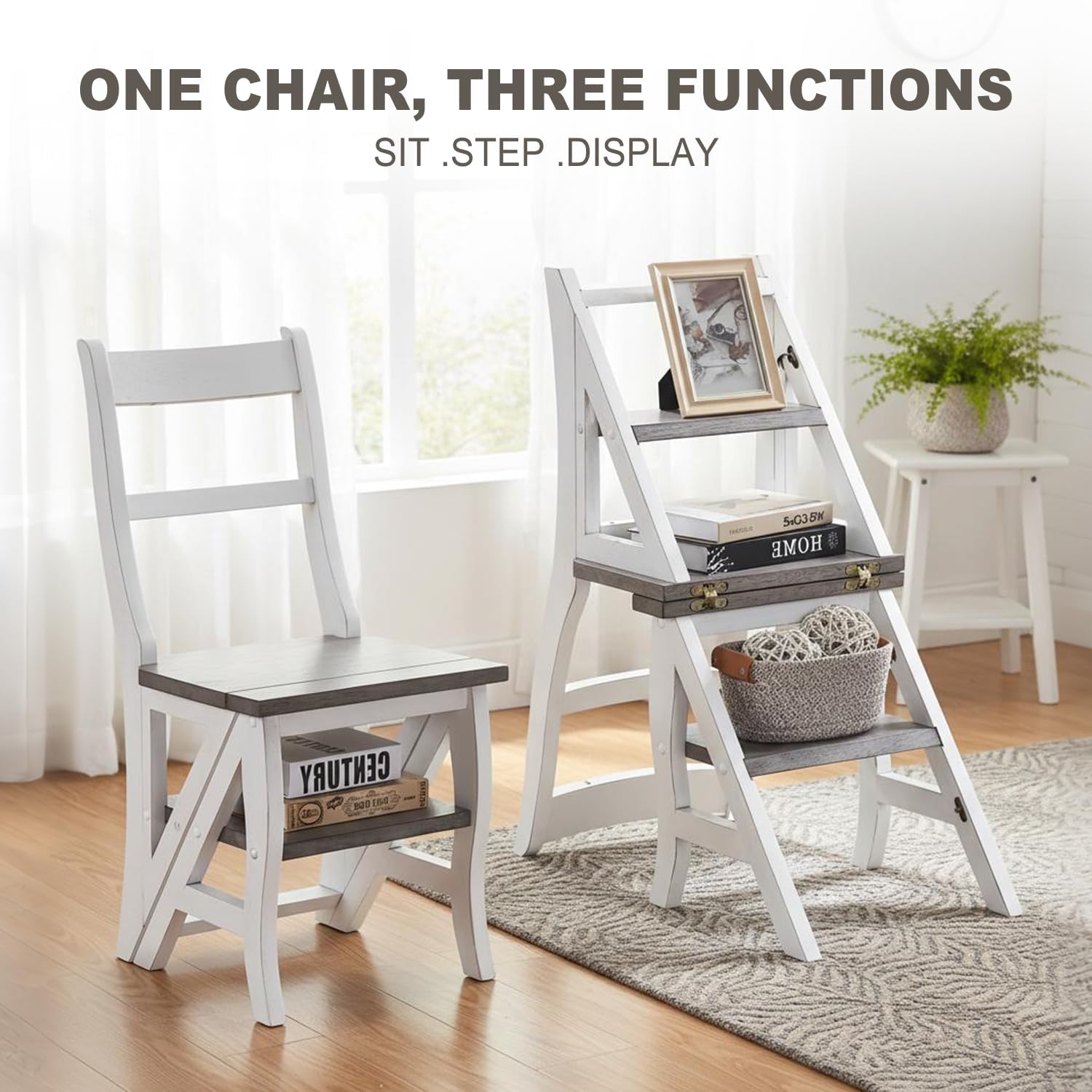 3-in-1 Wooden Folding Ladder Chair, Library Chair, Portable Multi-Function Step Stool Chairs Combo for Kitchens, Libraries, Living Rooms, or as a Decorative Plant and Display Stand