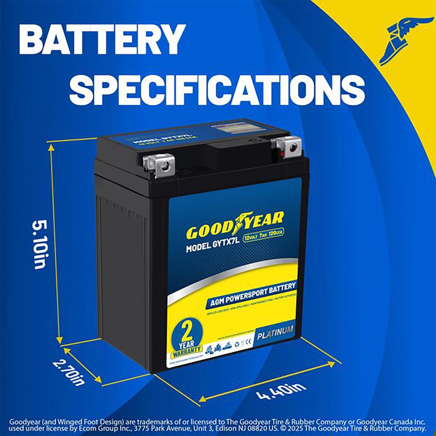 Goodyear GYTX7L - 12 Volt 7 AH, 120 CCA, Rechargeable High-Performance, Maintenance Free, SLA - AGM Battery for Motorcycle, ATV, UTV, 4-Wheeler, Snowmobile, Watercraft and more!