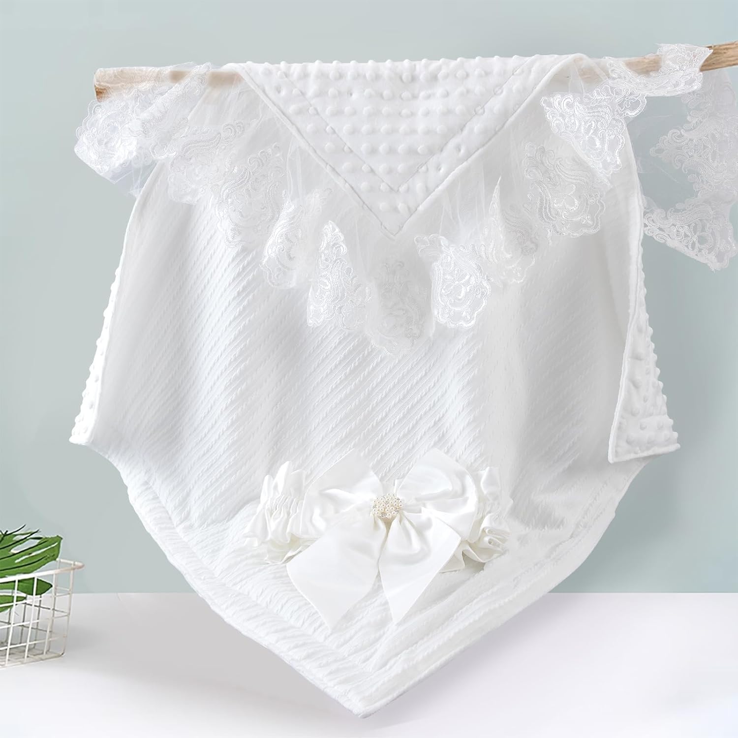 DUDUELTE DUDUELTE Soft Lace Baby Swaddle Blanket with Satin Bow, Newborn Wrap for Photos or Special Occasions, Infant Blanket
