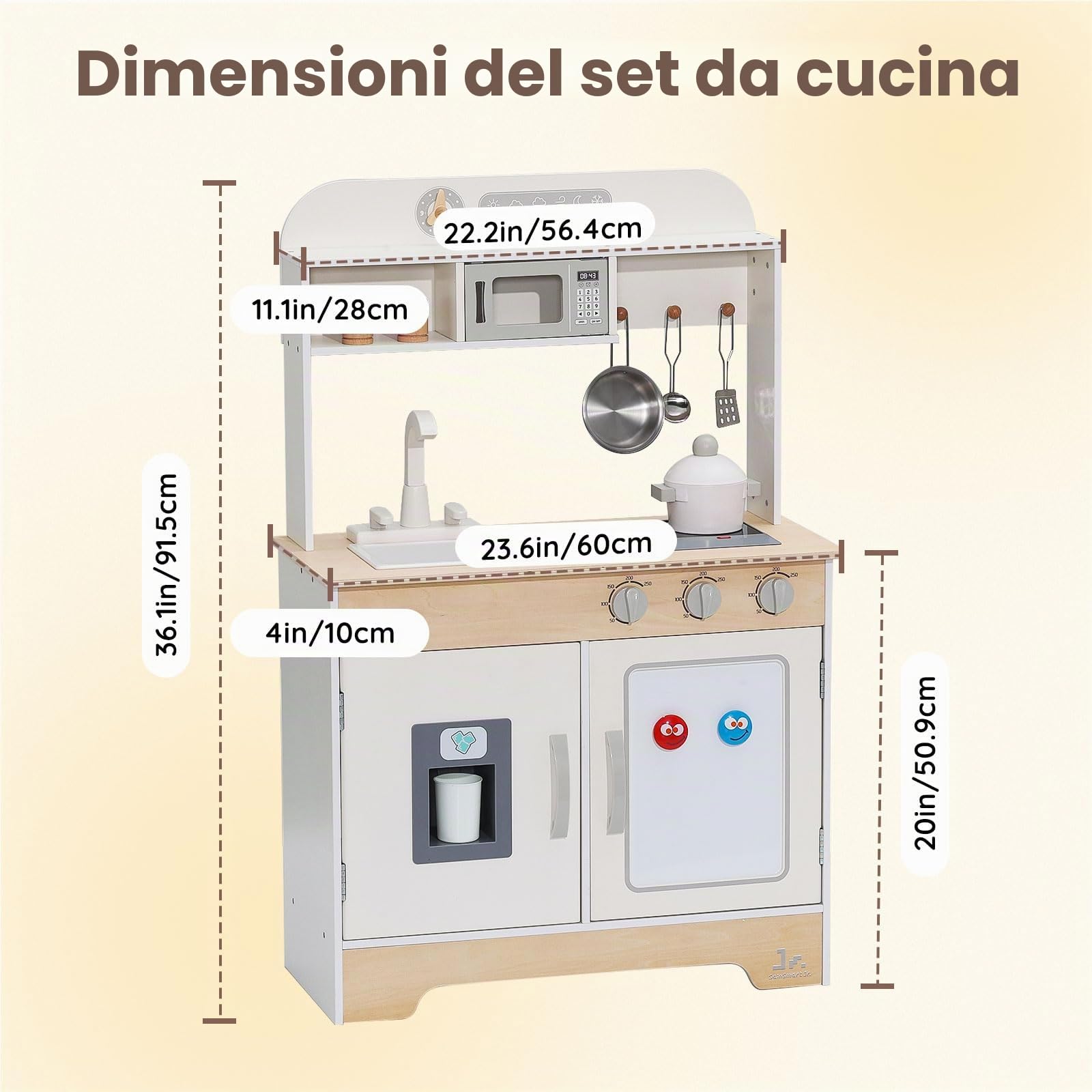 SainSmart Jr. Cucina giocattolo in legno per bambini, color crema, con suoni, microonde e lavello con rubinetto, cucina per bambini con fornello, forno e frigorifero, gioco di ruolo a partire dai 3