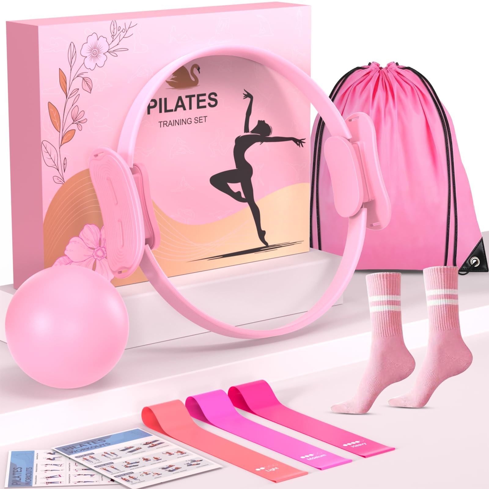Juego de Equipo de Pilates para Mujer, Juego de Anillo y Pelota de Pilates, Equipo de Entrenamiento de Pilates en casa con Anillo Circular mágico de 15 Pulgadas y Bandas de Resistencia, un