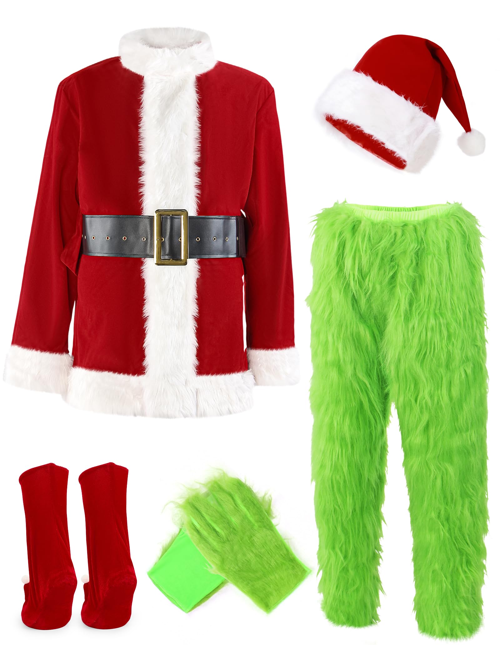 ADOMI Christmas Costume for Men Green Furry Monster 7PCS Santa Costume
