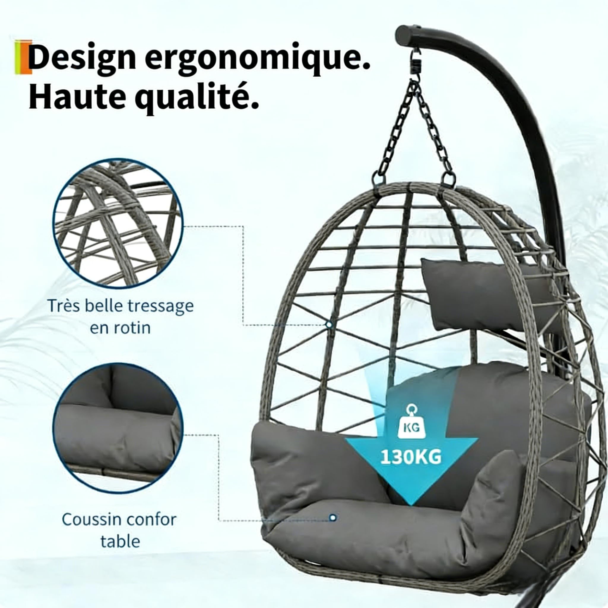 Fauteuil Suspendu Œuf en Rotin avec Support, Pliable & Hauteur Réglable – Housse Imperméable Incluse – Résistant aux Intempéries, Montage Ultra Facile – Idéal pour Jardin, Terrasse, Balcon et Intérieu