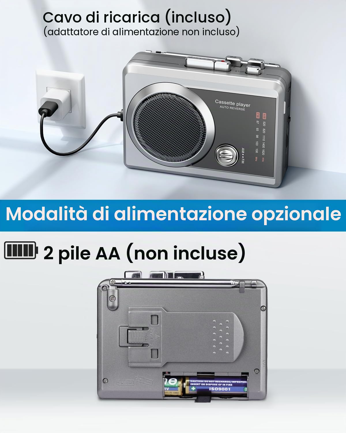 Lettore registratore a cassette portatile e radio AM/FM, lettore di cassette compatto con jack per cuffie da 3,5 mm, altoparlante integrato, alimentato a batteria/USB