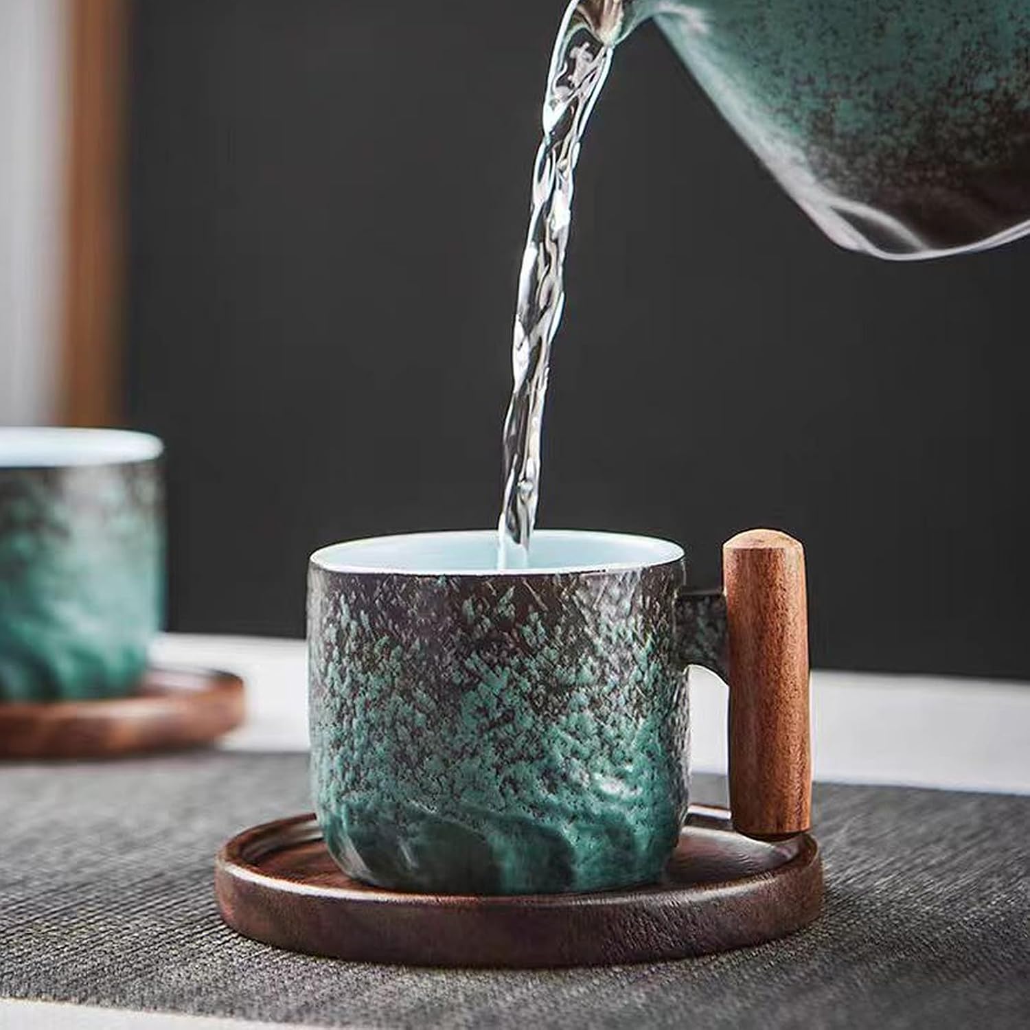 2.5oz Ceramic Espresso Cups with Wooden Handle, Chinese KungFu Tea Cup, Coffee Cups Set of 4 (Green)