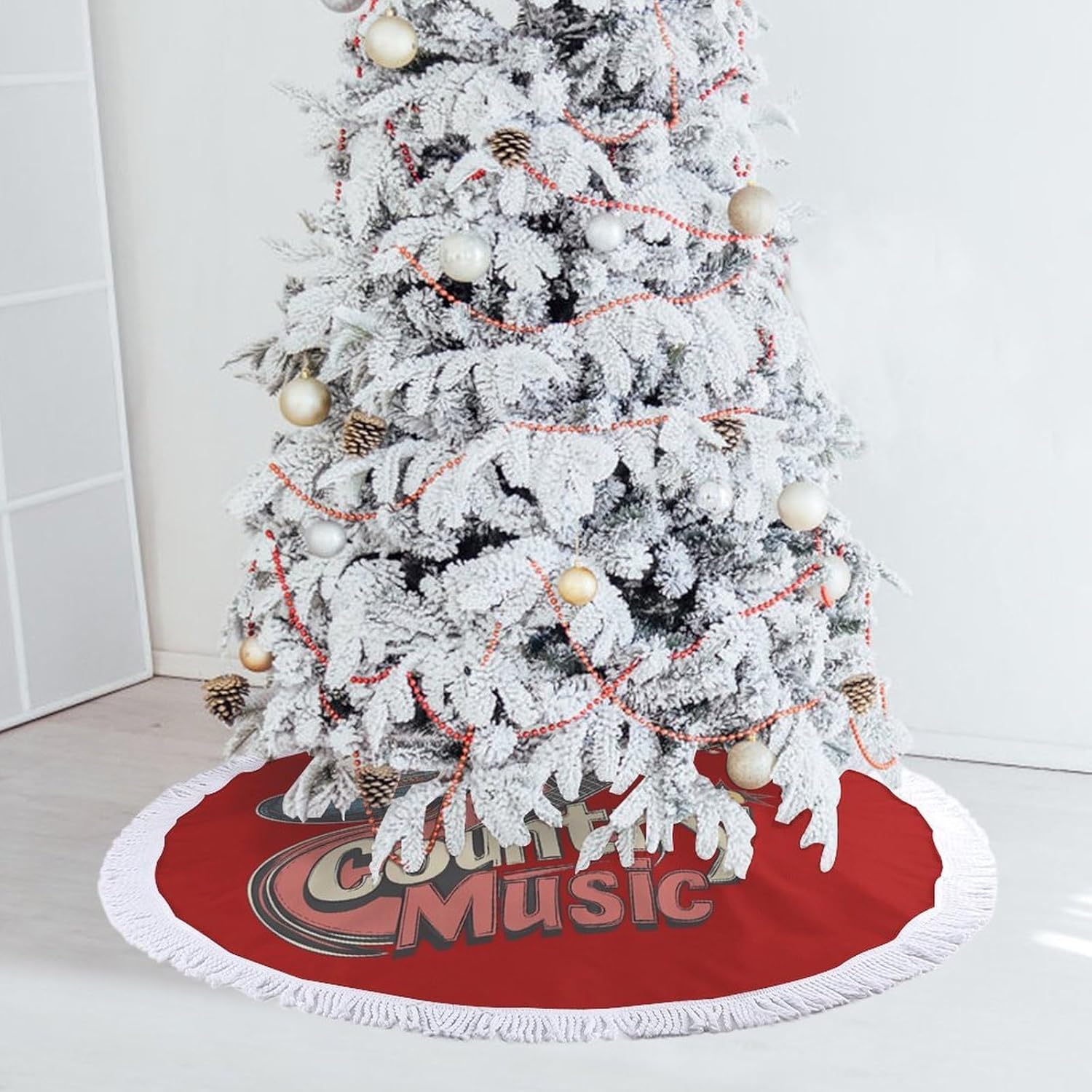 Country Muisic Electric Guitar Christmas Tree Skirt Round Xmas Tree Mat Ornaments Tree Skirts with Tassels for Holiday Party