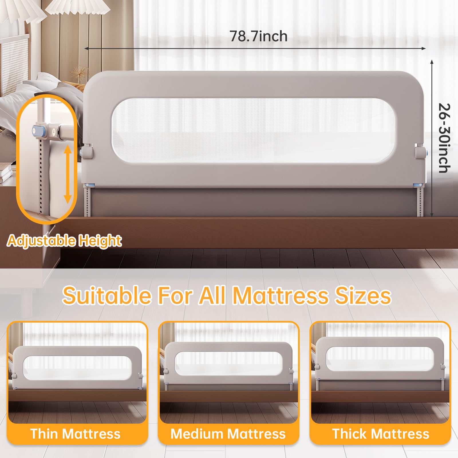 Barandilla protectora de cama de bebé para niños pequeños – Altura ajustable de 78.7 pulgadas, barandilla de cama abatible hacia abajo, protectores laterales de seguridad extra altos para niños –