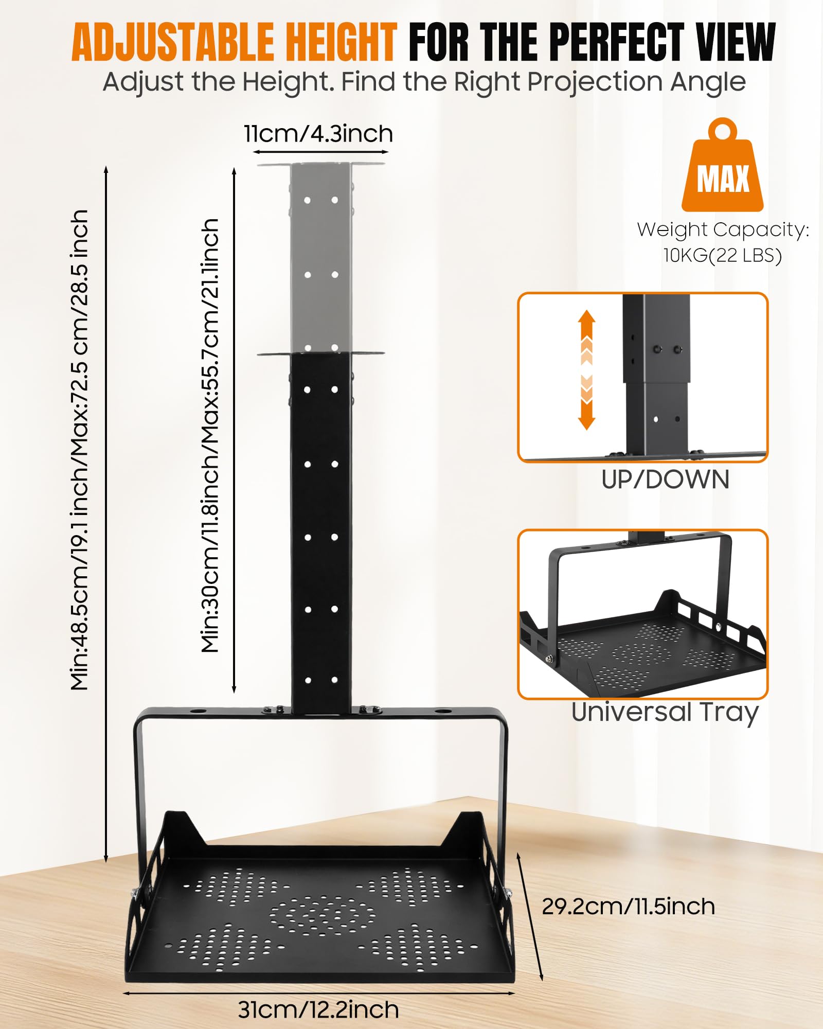 Soporte de techo para proyector, altura regulable y orientable, soporte universal para proyector de techo y pared, soporta hasta 10 kg, con guía de cable oculta, para cine en casa y oficina