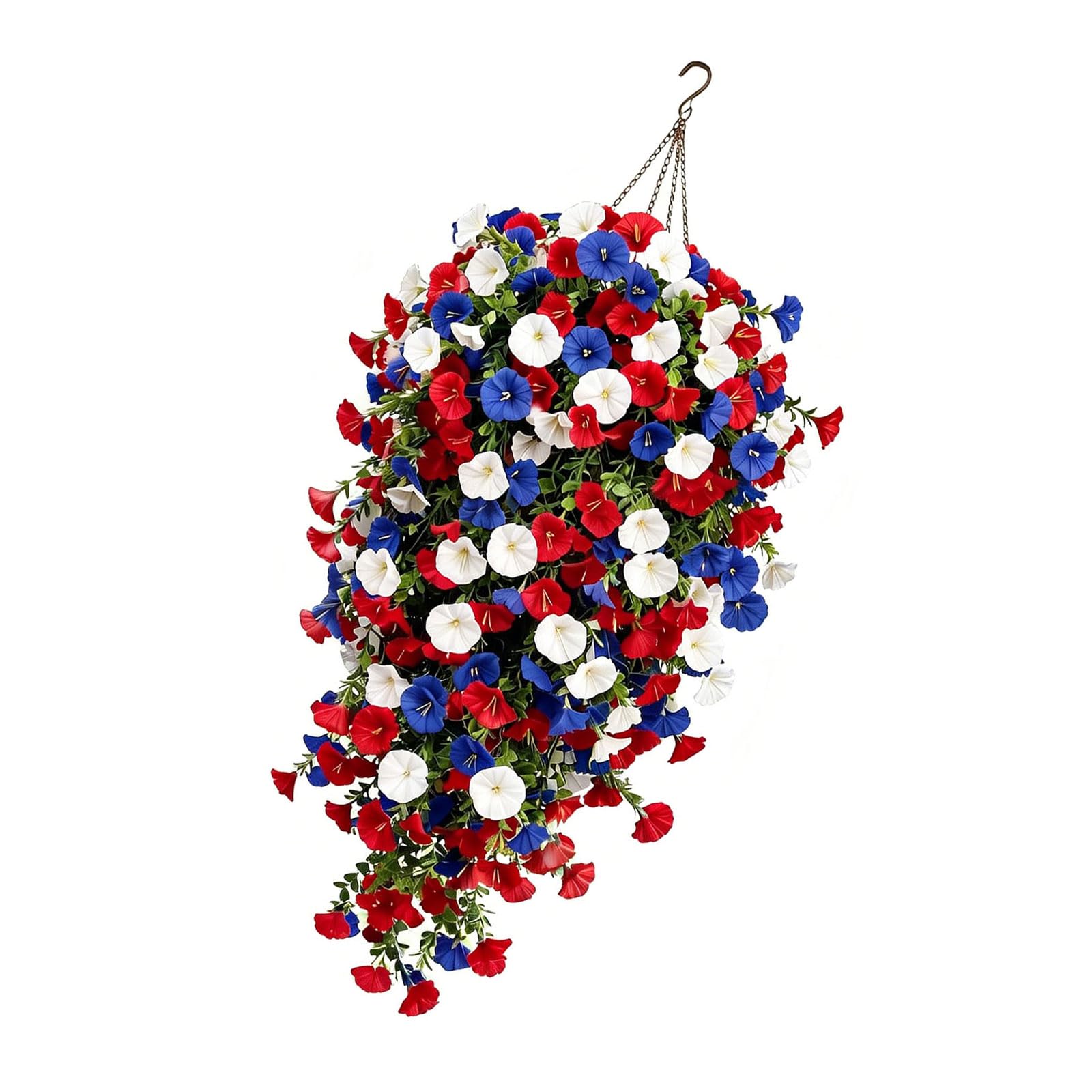 Tsophreniq Colorful Faux Petunias Flower Arrangement in Basket 250th Anniversary Patriotic Flowers for 4th of July Displays Patriotic Hanging Flower Basket