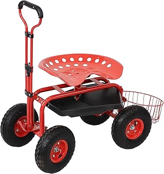 Sunnydaze Garden Cart with Wheels - Garden Stool on Wheels - Rolling Gardening Seat with Extendable Handle - Swivel Seat - Red