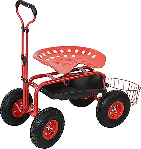 Sunnydaze Garden Cart with Wheels - Garden Stool on Wheels - Rolling Gardening Seat with Extendable Handle - Swivel Seat - Red