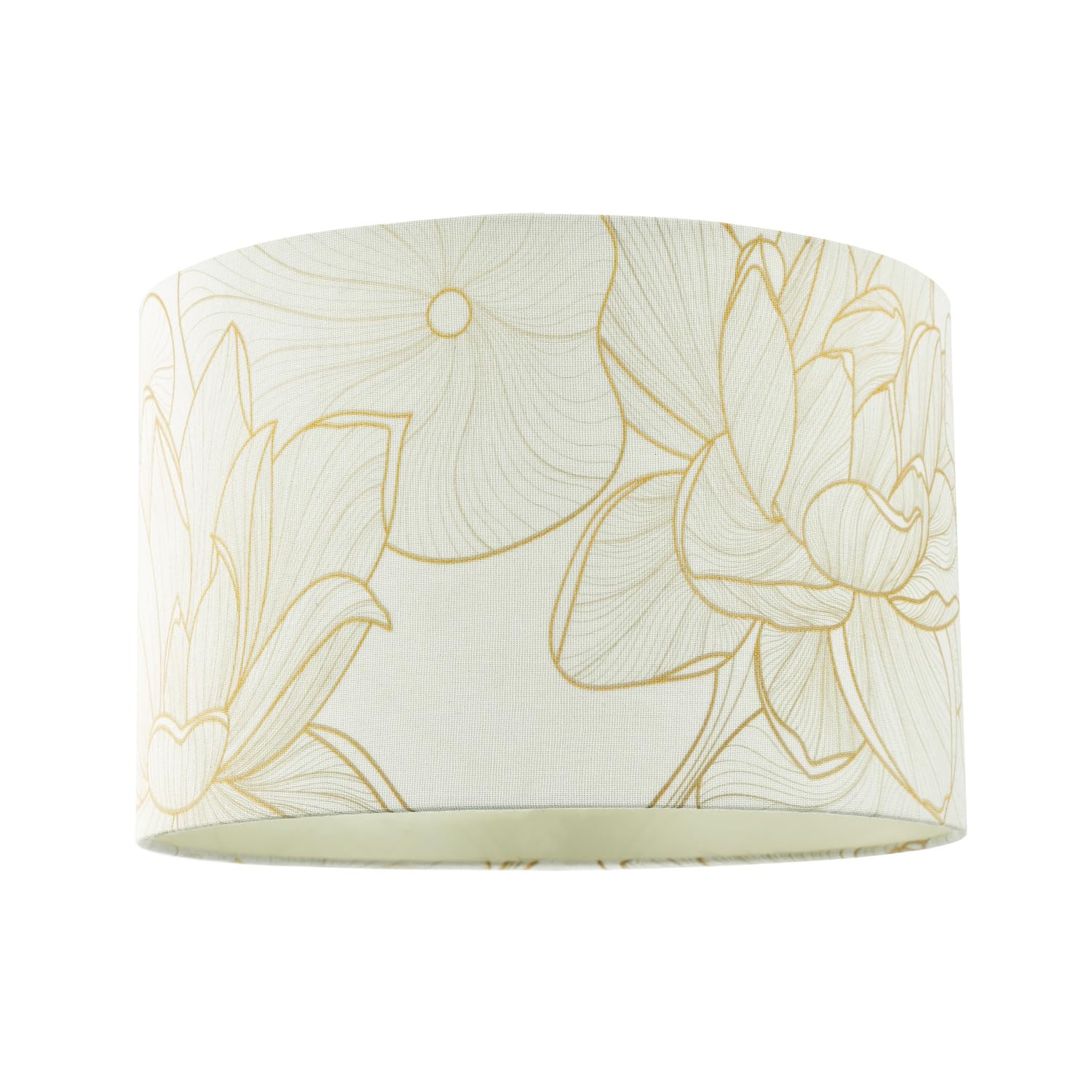 Designer Cream Linen Fabric 12 Inch Lampshade with Large Shiny Gold Foil Flowers | Features Cream Satin Fabric Inner Lining | 20cm x 30cm by Happy Homewares