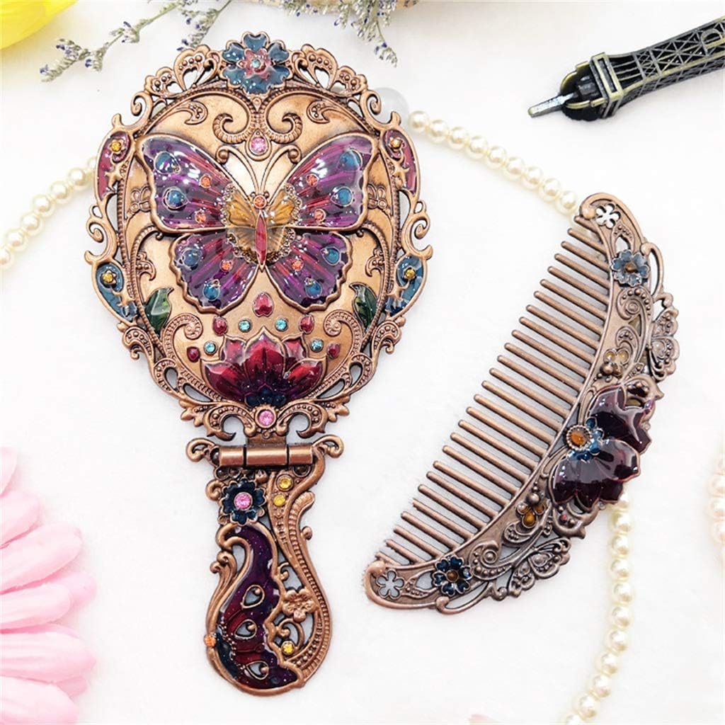 Vintage Butterfly Hand Mirror and Comb Set, Antique Copper with Gemstones, Victorian Style-image-28