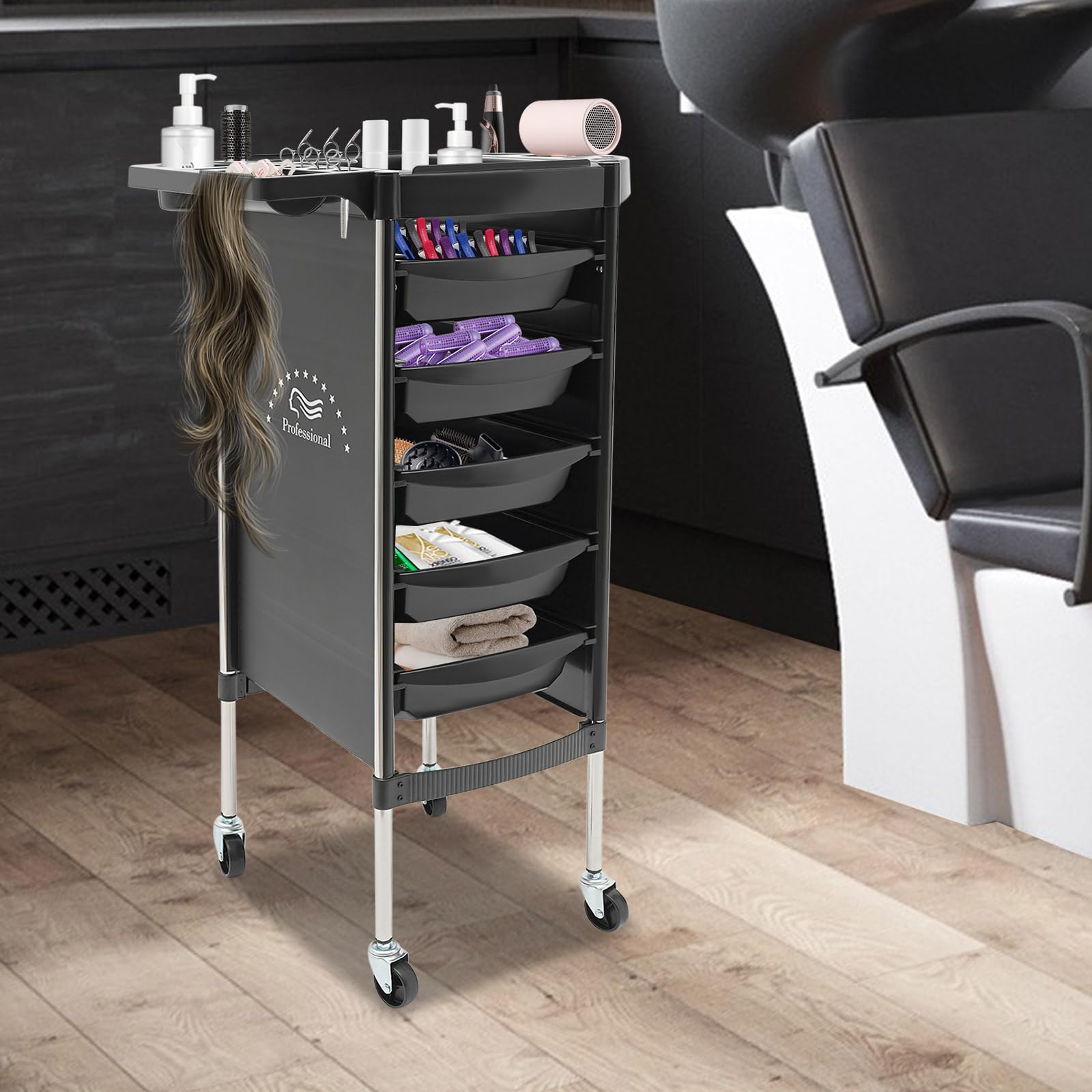 Carro de peluquería y carrito con ruedas, 5 cajones, 6 niveles, carrito de salón de belleza y carrito de belleza, color negro