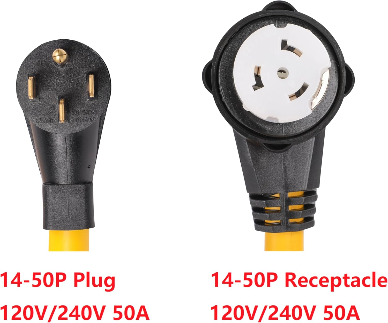 NEMA 14-50P to SS2-50R 15 FT Hydraulic Magnetic ON Off Switch Current Protector Right Angle 90 Degree 120V/240V 50A 4 Prong Plug to 4 Prong Female Outlet Receptacle Extension Cable Power Cord Adapter