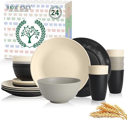 Miniatura 30 de Homienly Juego de vajilla premium de paja de trigo de 40 piezas, servicio para 8, juego de platos y cuencos irrompibles - juego de tazas, platos de