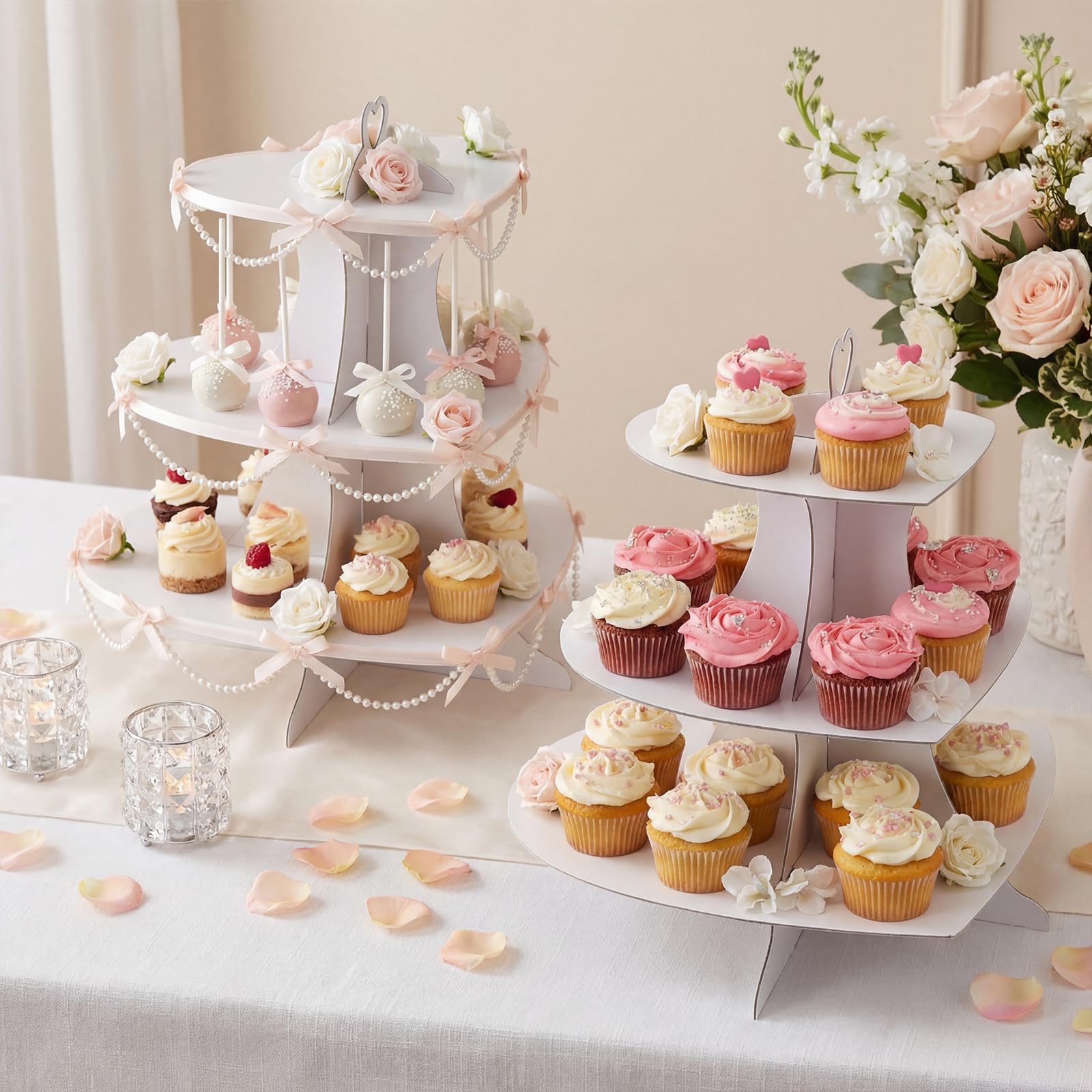 Willinglong 2 Pcs 3 Tier Heart Cupcake Stand White Cardboard Cupcake Stand