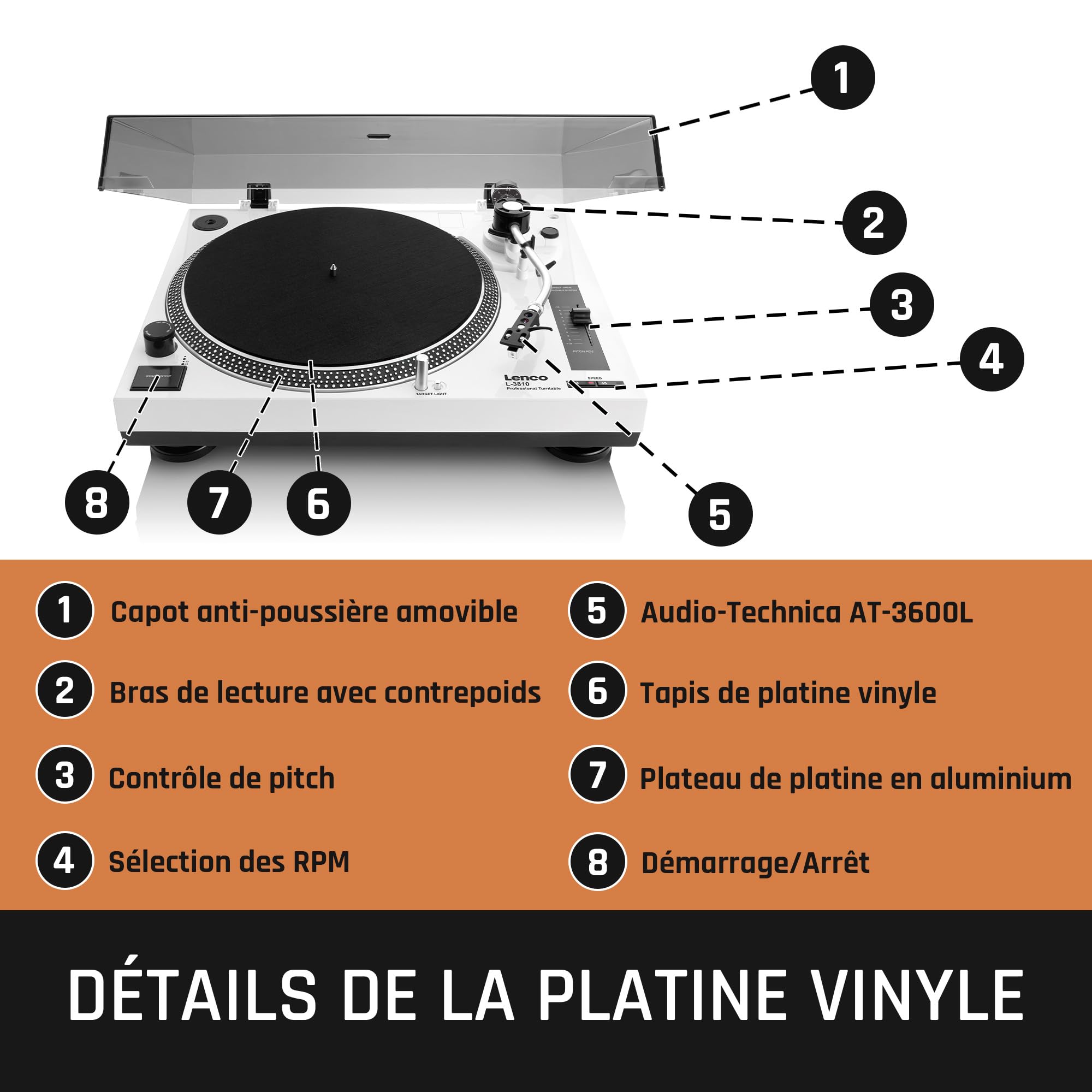 Lenco L-3818 Platine Vinyle, Tourne Disque, Platine Vinyle DJ - à entraînement Direct - Pitch Control - 33 et 45 Tours - Préamplificateur stéréo - USB - RCA Line Out - Numérisation Via PC - Noir