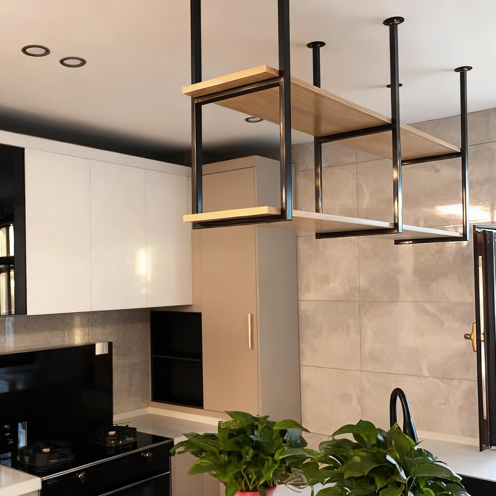Étagère de rangement de plafond suspendue bois et métal meuble bar 2 niveaux