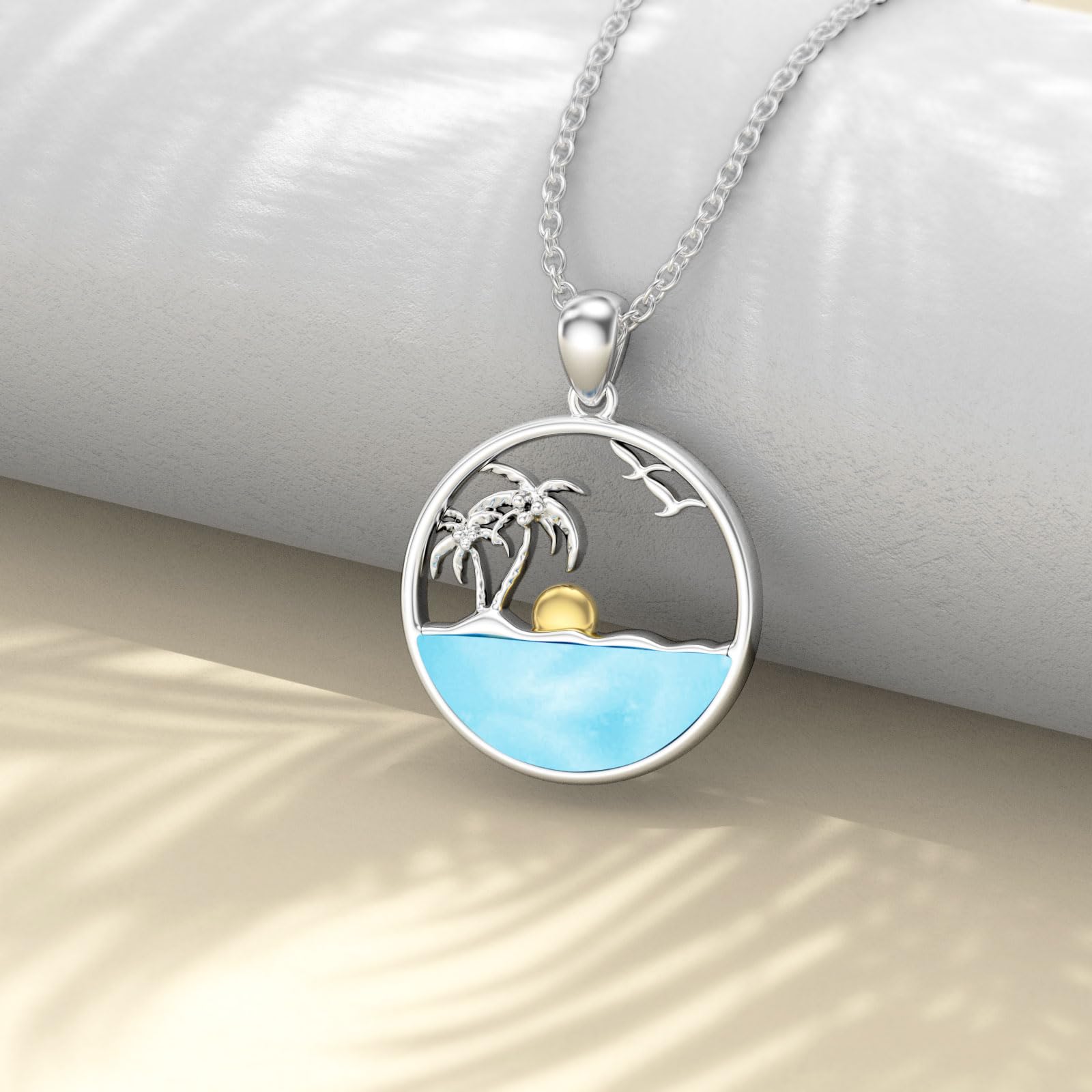 Palmen-Halskette für Frauen 925 Sterling Silber Ozeanwellen Anhänger, Halsketten mit natürlichem Larimar-Edelstein Schmuck Geschenk für Mama Frau