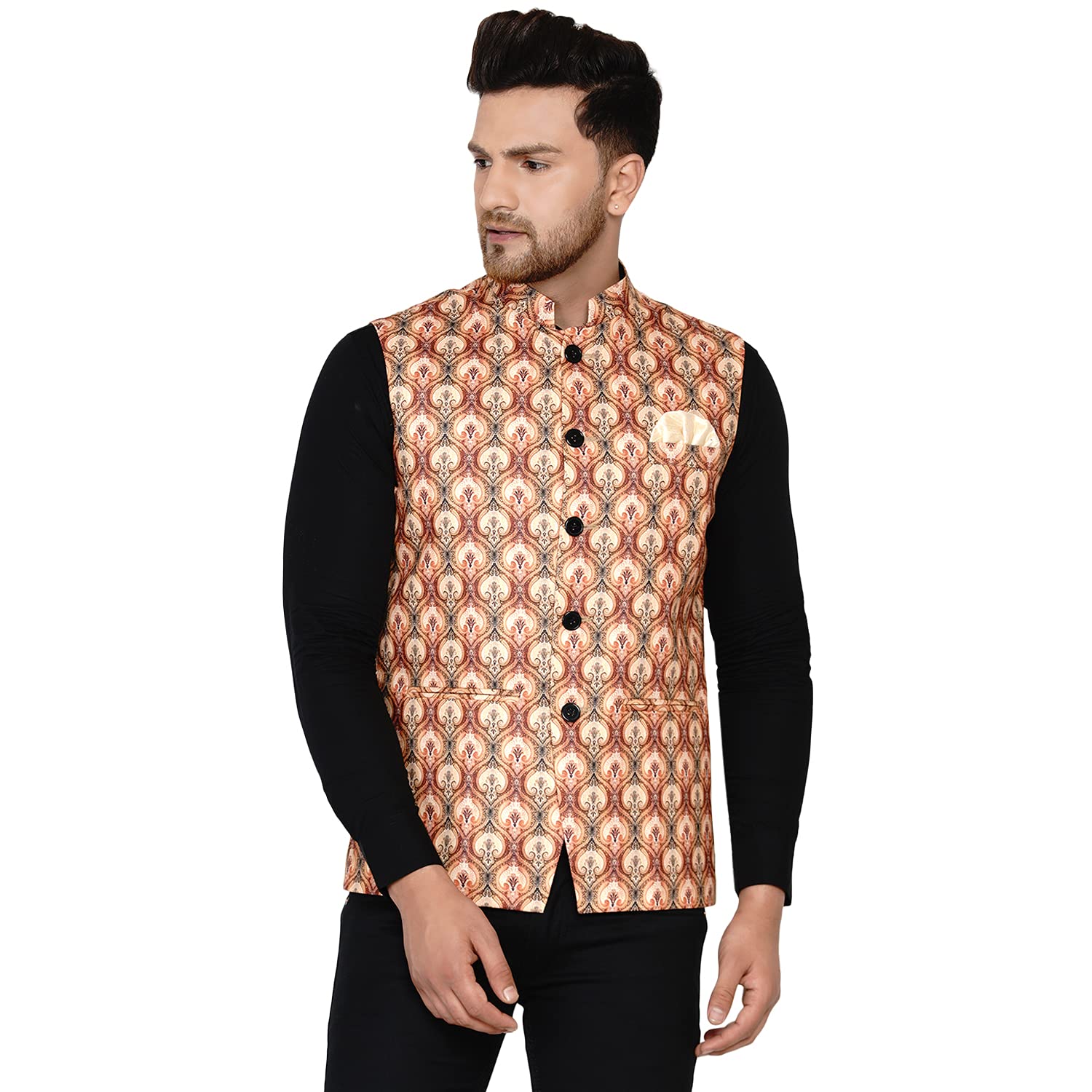 veera paridhaan Men's Cotton Printed Nehru Jacket (Beige)-picture-31