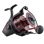 PENN Battle III Spinning Nearshore/Offshore Fishing Reel, HT-100 Front Drag, max of 30lb | 13.6kg, Made with Sturdy All-Aluminum Composition for Durability,Red/Black, 8000