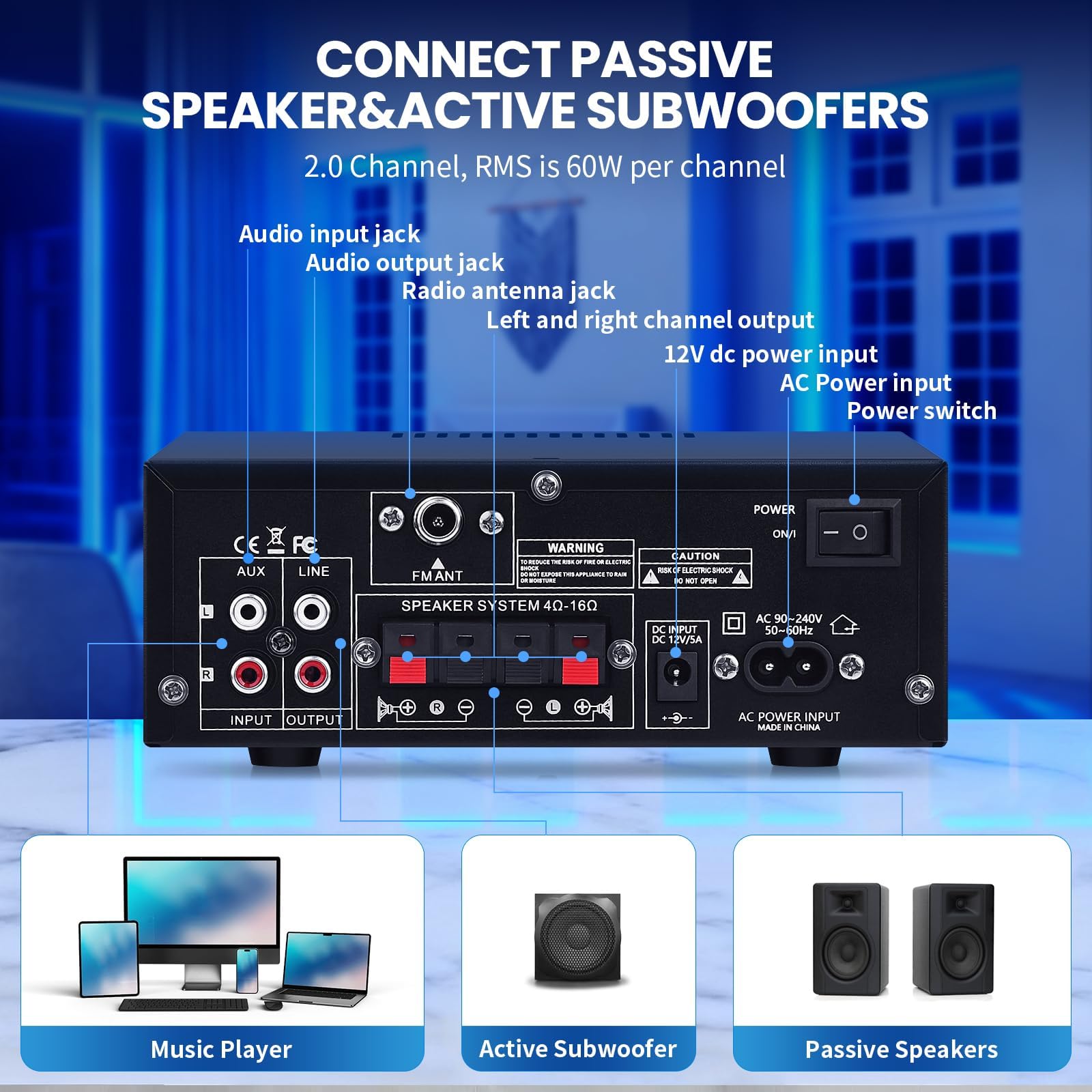 AK50 - Amplificador Hi-Fi con Bluetooth RMS 60WX2 - Amplificador de audio estéreo | Receptor de 2.0 canales, máx. 400 W, amplificador de altavoz con radio FM, eco, micrófono, USB, entrada SD para el hogar