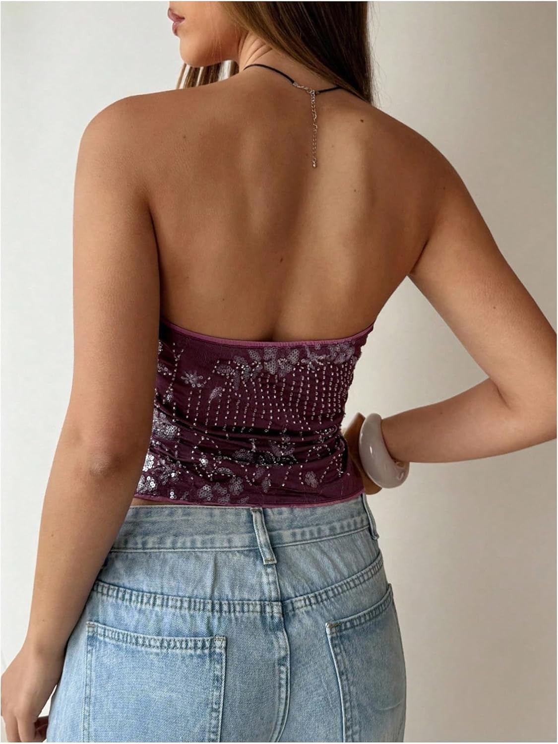 Floerns Women's Y2K Sequin Strapless Tube Top Backless Crop Bandeau Tops Going Out Outfit - Image 3