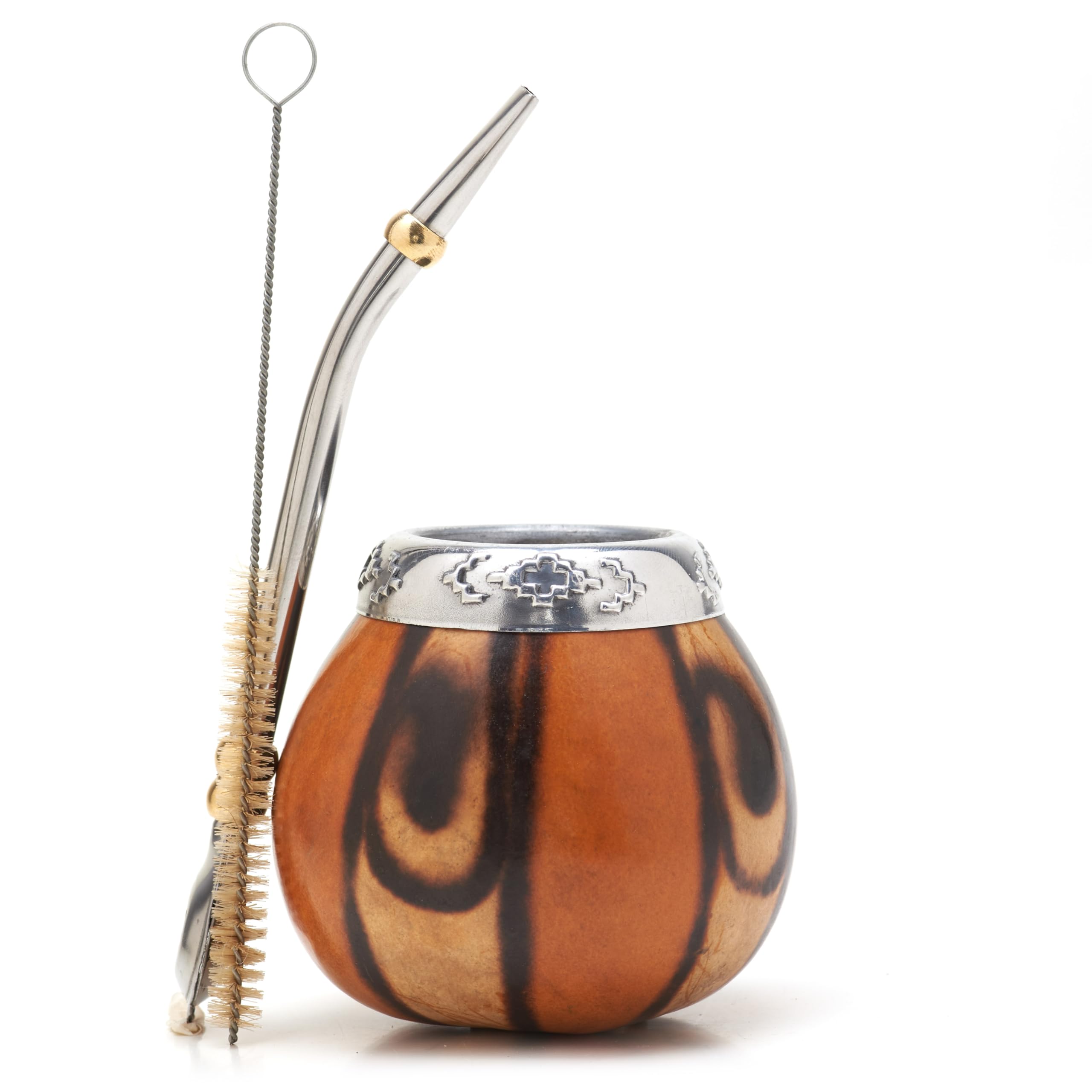 BALIBETOV Yerba Mate Gourd Set (Original Natural Handmade Yerba Mate Cup Argentina) - Includes Mate Tea Cup, Bombilla (Mate Straw) and Clean Brush - Classic Mate Cup and Bombilla Set (NATURAL 02)