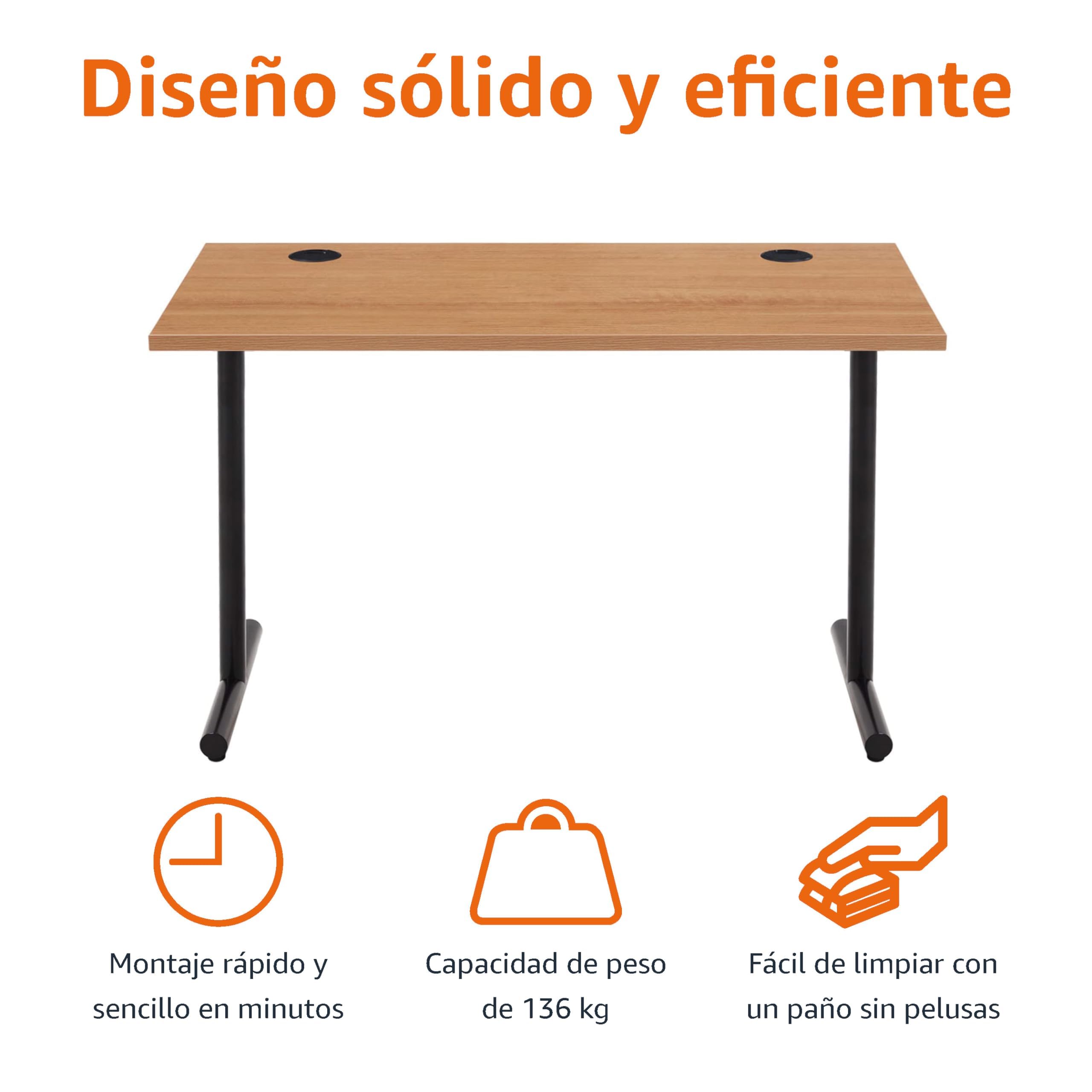 Amazon Basics Escritorio para Oficina en Casa, para Juegos, para Ordenador con Control de Cables, Tablero Grueso de 25mm, Moderno y Sencillo de Montar, Marco Negro, Roble, 120 x 60 x 73,6cm