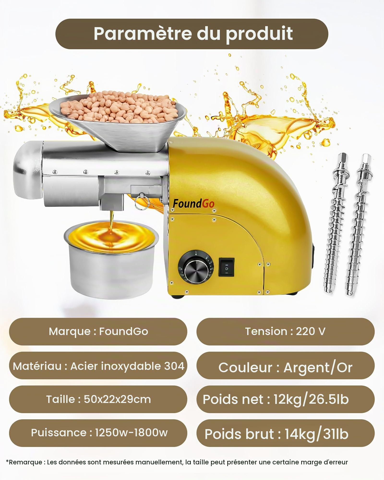 FoundGo 1800W Presse Huile Electrique Presse à Huile 0-300℃ Machine de Presse Huile a Froid Chaud Machine pour Les Noix, Cacahuètes, Graines Sésame, Amande, 6-9kg/heure (doré)
