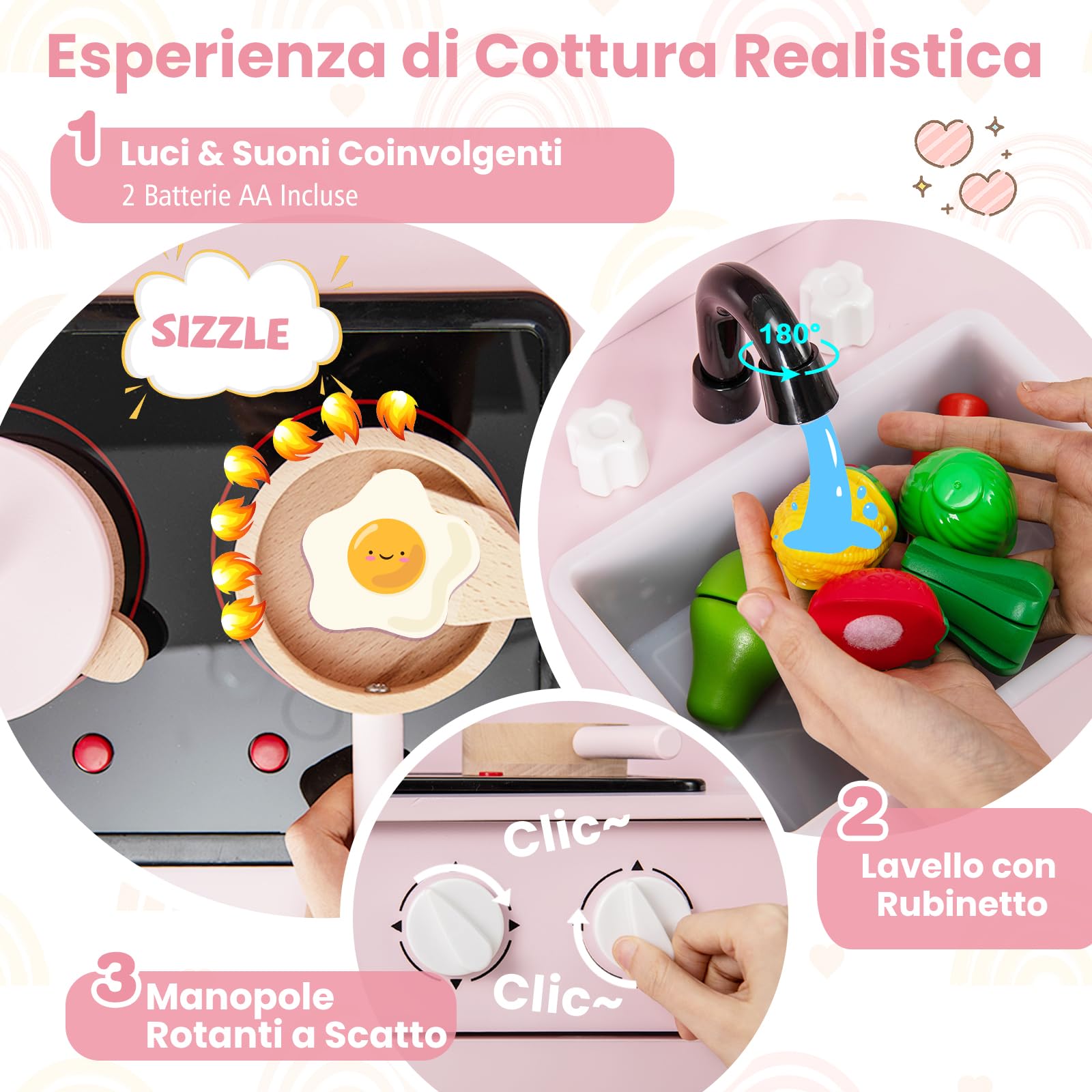 RELAX4LIFE Cucina Giocattolo per Bambini, Mini Cucina in Legno con Luci e Suoni Reali, Utensili da Cucina, Set Giocattoli per Bambini 3+ Anni (Rosa)