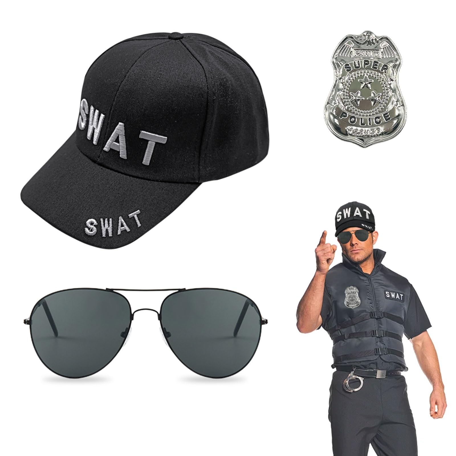 EUPSIIU 3 Pieces Swat Costume Adult Kids Swat Baseball Hat Sunglasses Cuffs Badge Halloween Cop Fancy Dress Hat Role Play Cosplay Party Embroidery Hats Unisex Police Cap Festival Costumes(Black)