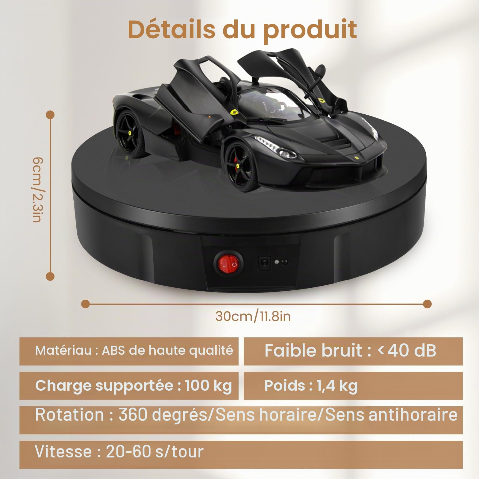 Plateau Tournant Electrique, 30CM 100KG Rechargeable Plateau Tournant, Direction et Vitesse Réglables à 360° Présentoir Rotatif pour la Prise de Photos/L'affichage de Marchandises(Noir)