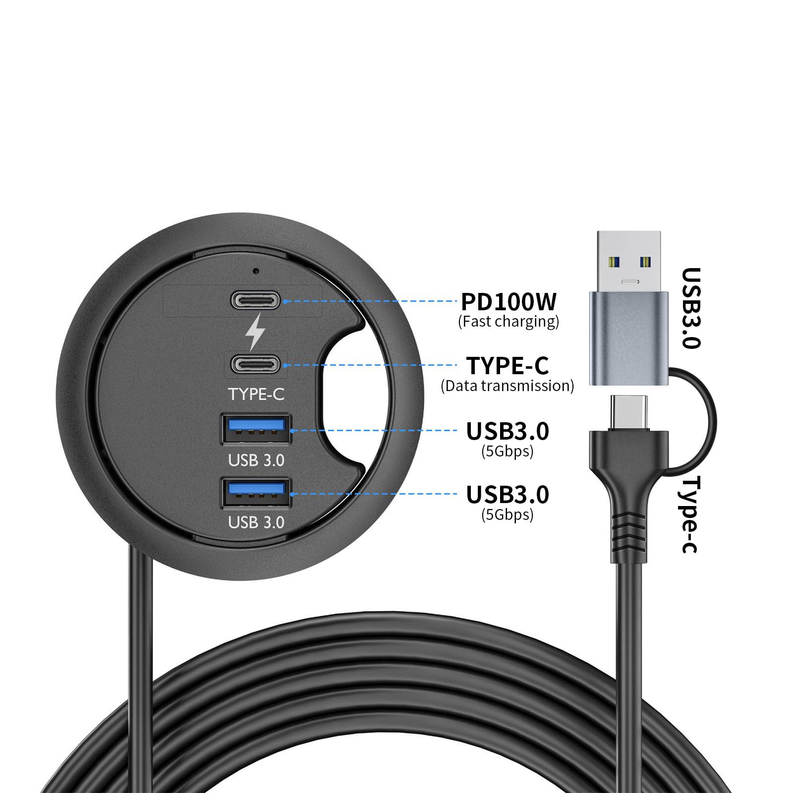 Oszczędność miejsca na biurko USB otwór przelotowy montaż na biurku otwór przelotowy kabel biurkowy transfer danych rozgałęźnik stacji dokującej