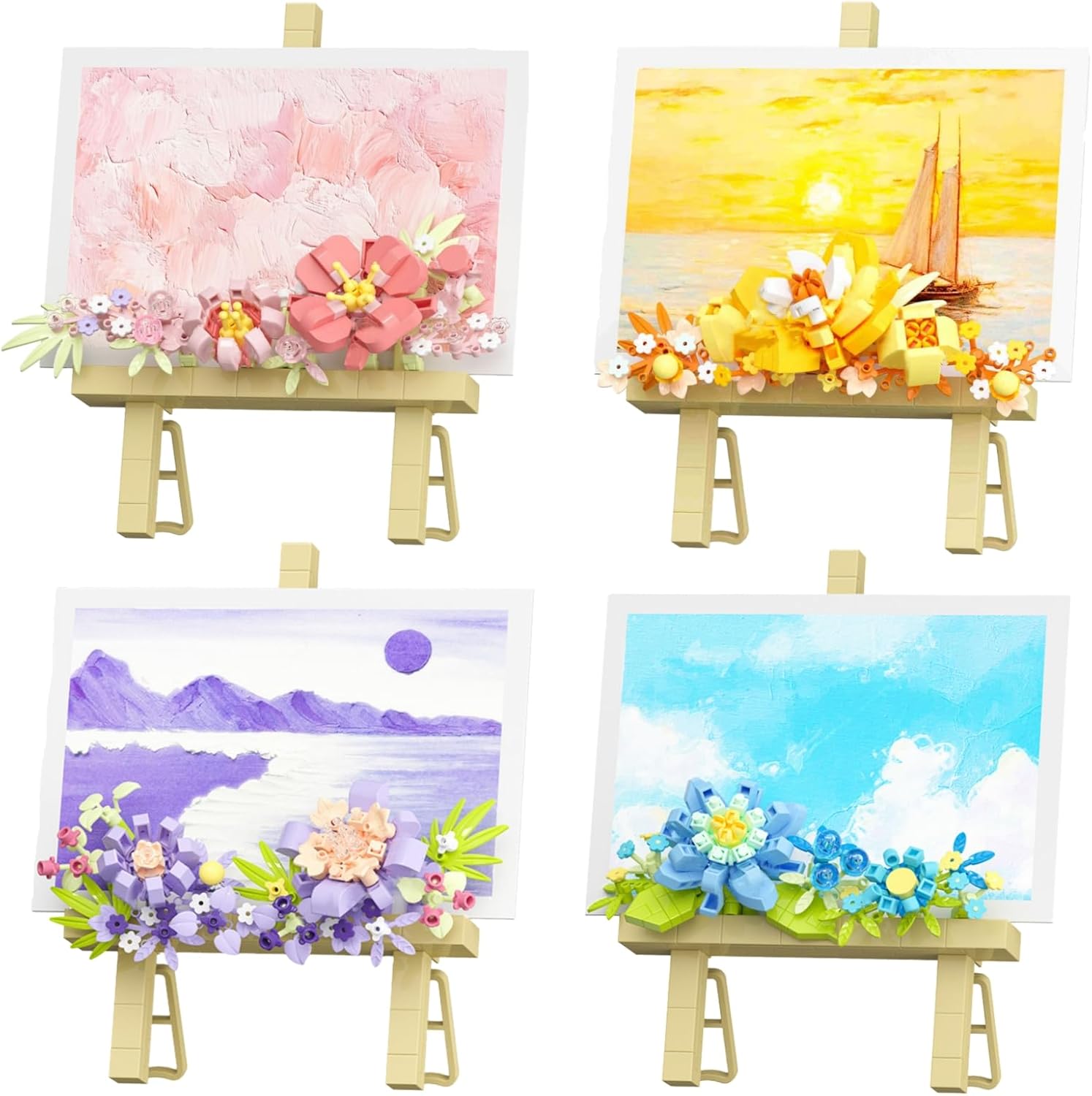 4 Mini Flowers Picture Frame Building Set, Desk Decor Block Easel for Message Stickers and Painting Photo Frame, Flower Bouquet Building Toys Gifts for Her