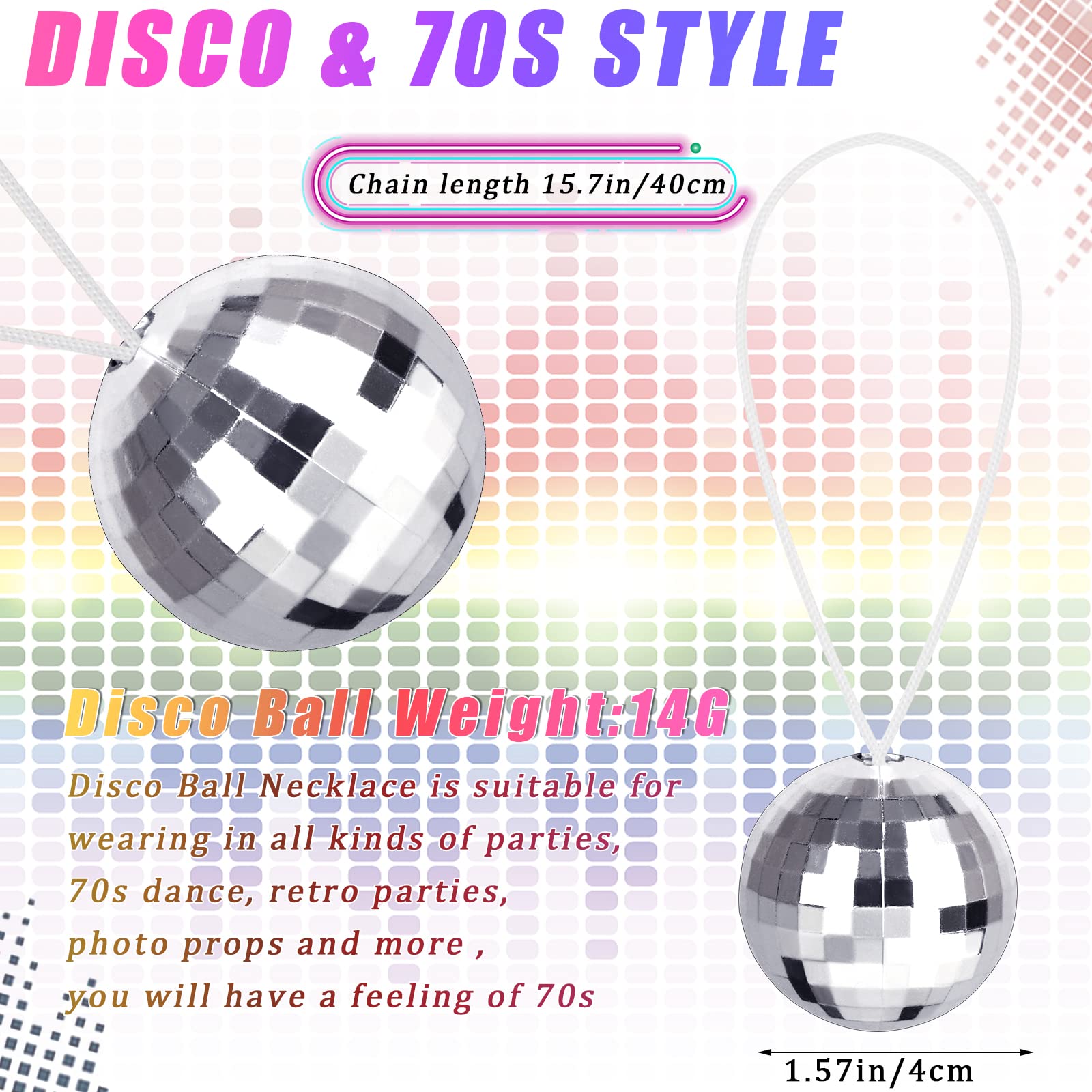 48 Pack Mirror Disco Ball Costume Necklaces - 1.57 Inch Disco Ball Necklaces for Stage Props, Xmas Party Favors, Festival, Halloween Costume Accessories