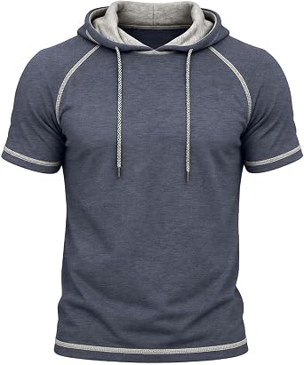 Hooded Muscle T Shirts for Men Summer Stylish Casual Contrast Stitch Raglan Short Sleeve Workout Pullover Hoodie Tops