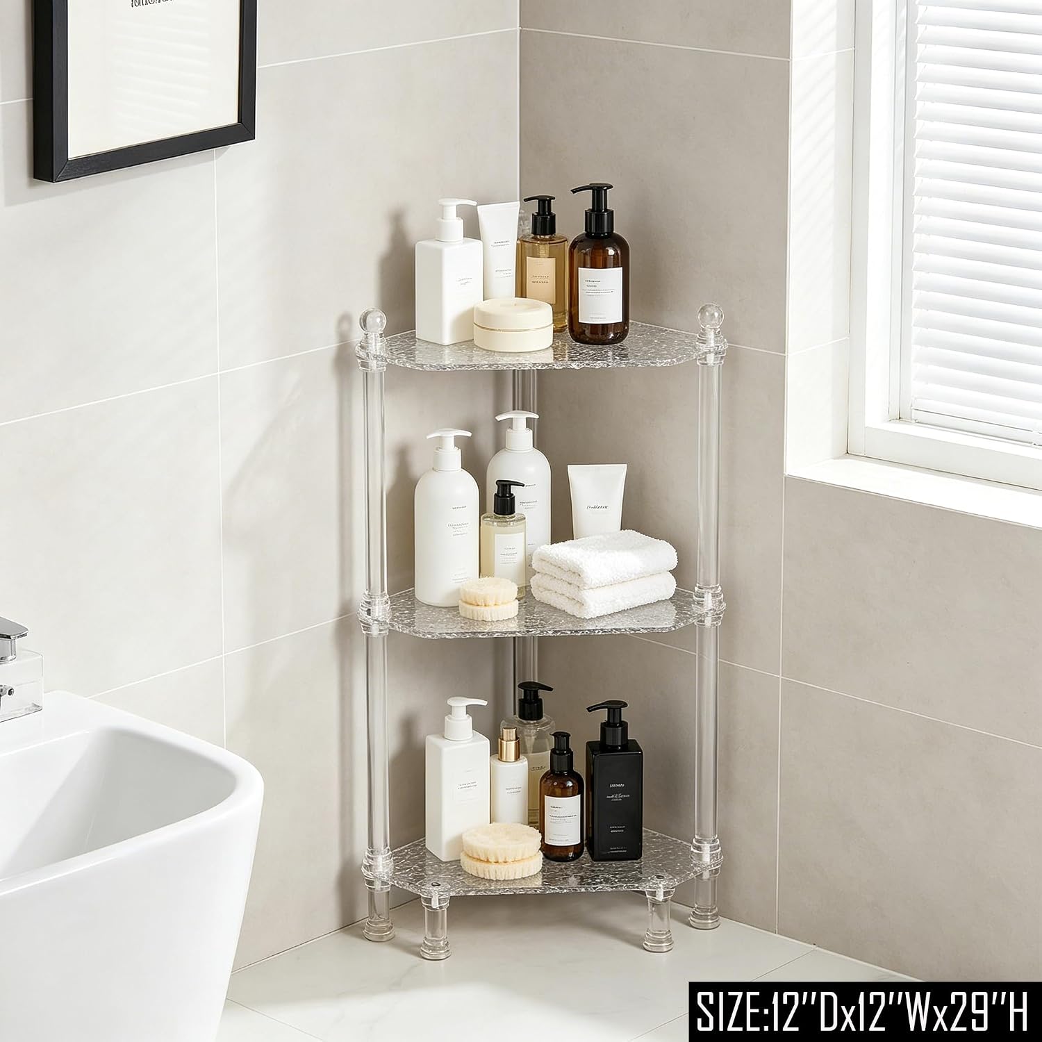 LIKENOW Acrylic Corner Shower Shelf – 3 Tier Triangle Standing Caddy for Inside Shower, Bathroom, Living Room – 12" D x 12" W x 29" H