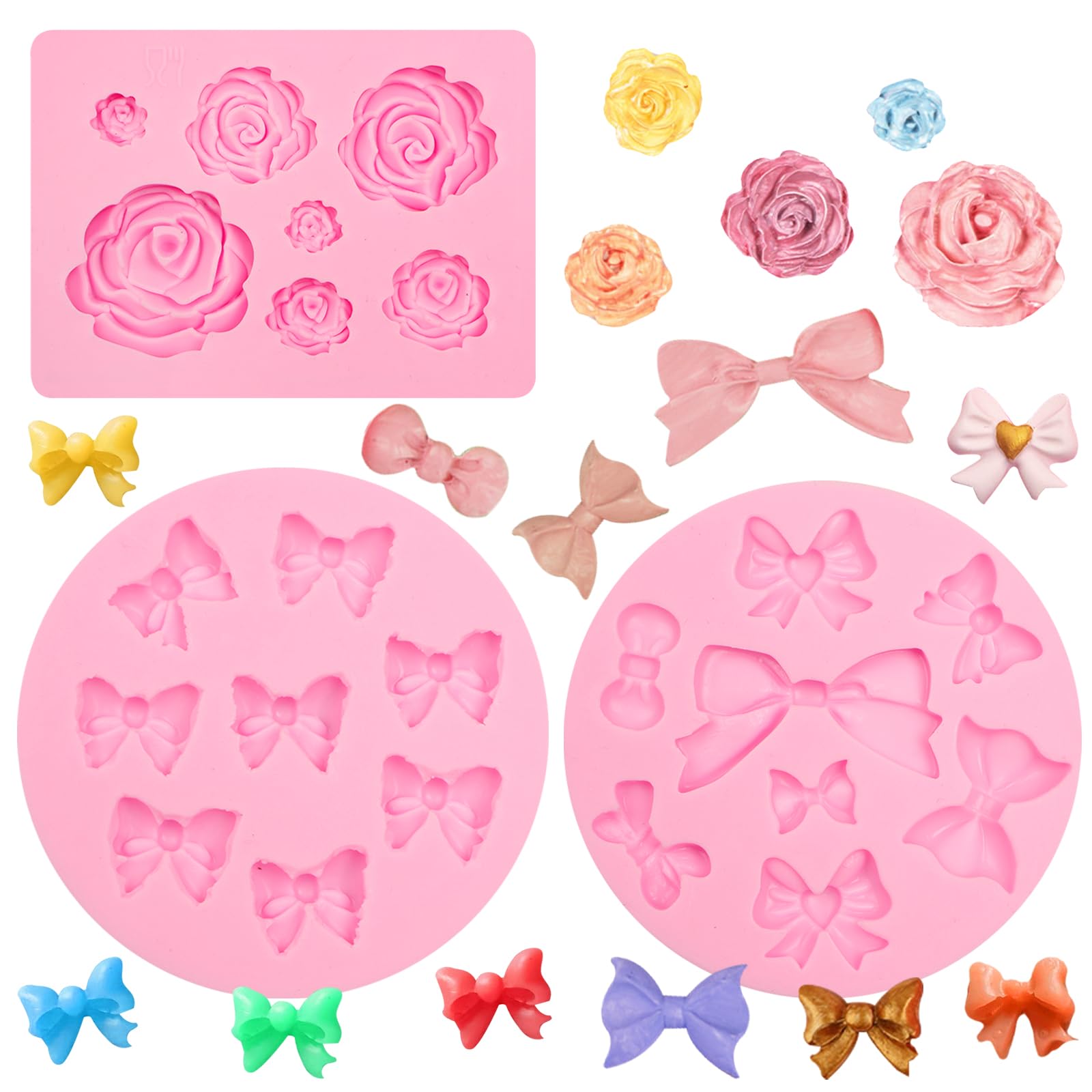 Mini-Schleifen-Silikonformen für Schokolade, Rosenblumen, Fondantformen zum Dekorieren von Kuchen, Schleifen, Themengeburtstagen, Partys, Desserts, Cupcake-Topper, Gummi, Ton, Kekse, Gips, Harz